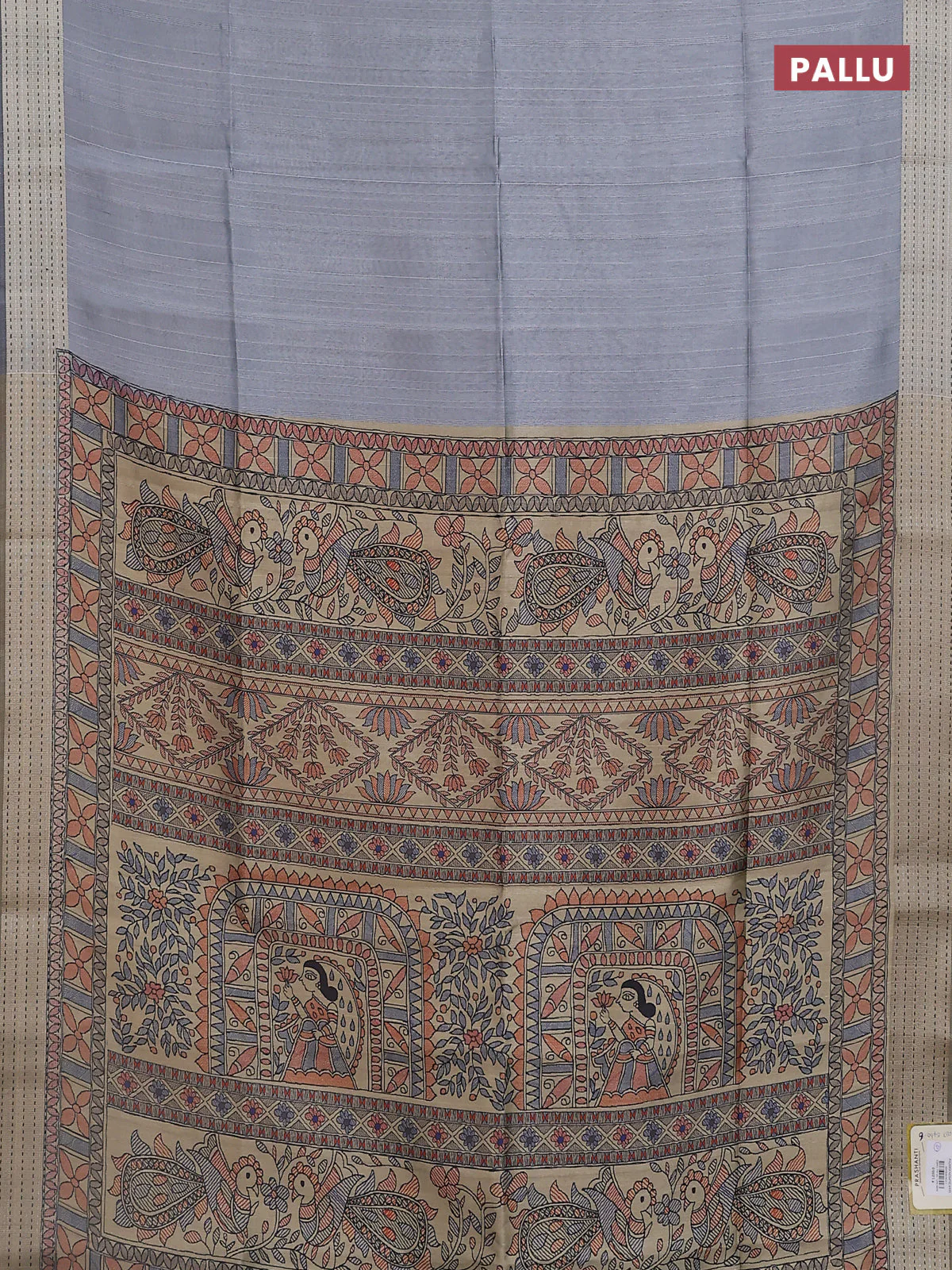 Semi dupion saree pastel grey with plain body and madhubani printed pallu & kantha stitch work - Image 3