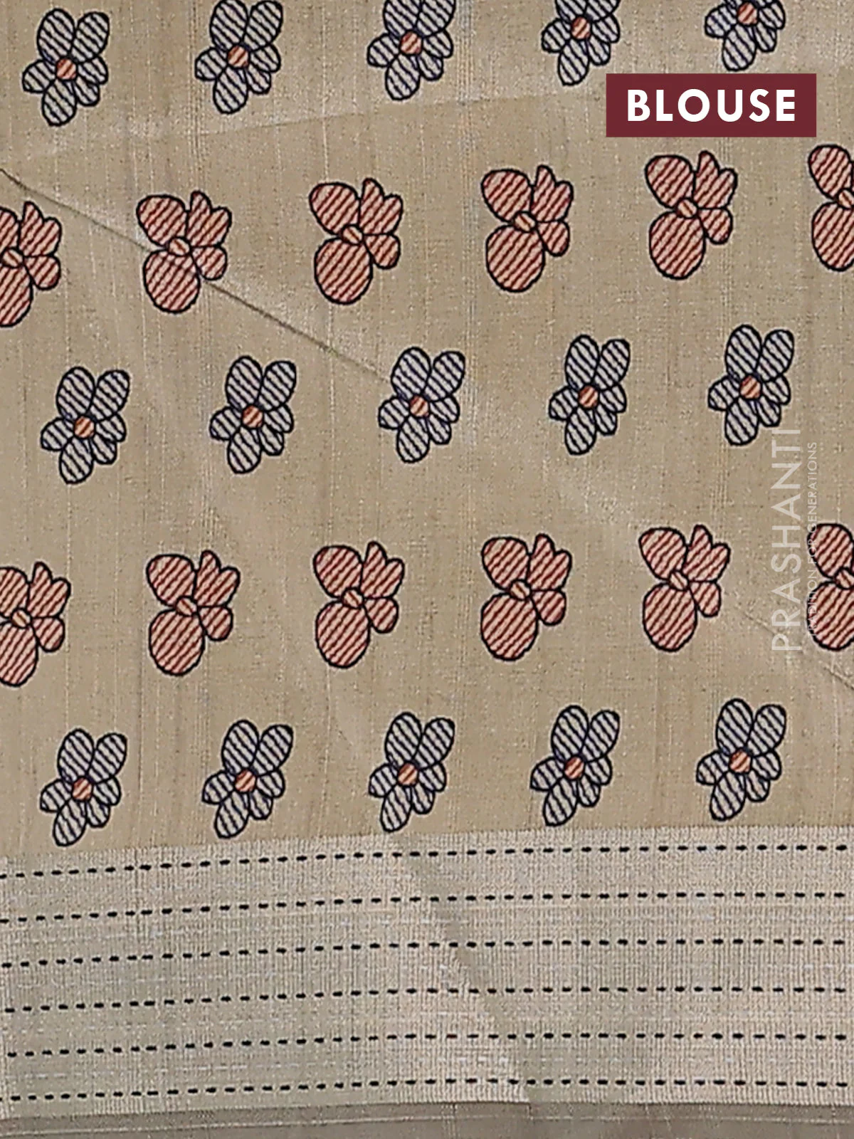 Semi dupion saree pastel grey with plain body and madhubani printed pallu & kantha stitch work - Image 4