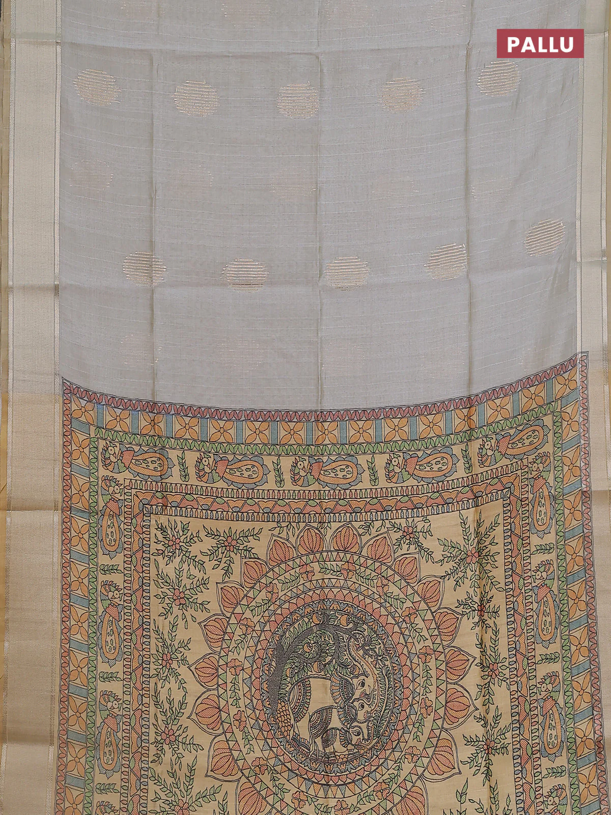 Semi dupion saree pastel grey with zari woven buttas and madhubani printed pallu & blouse - Image 3