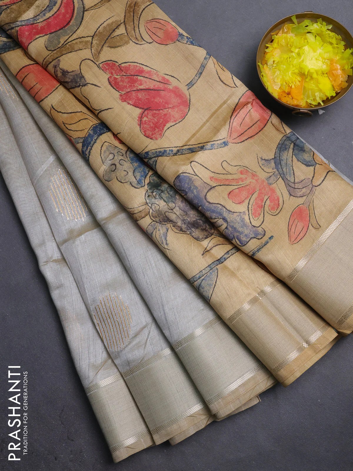 Semi dupion saree pastel grey with zari woven buttas and madhubani printed pallu & blouse