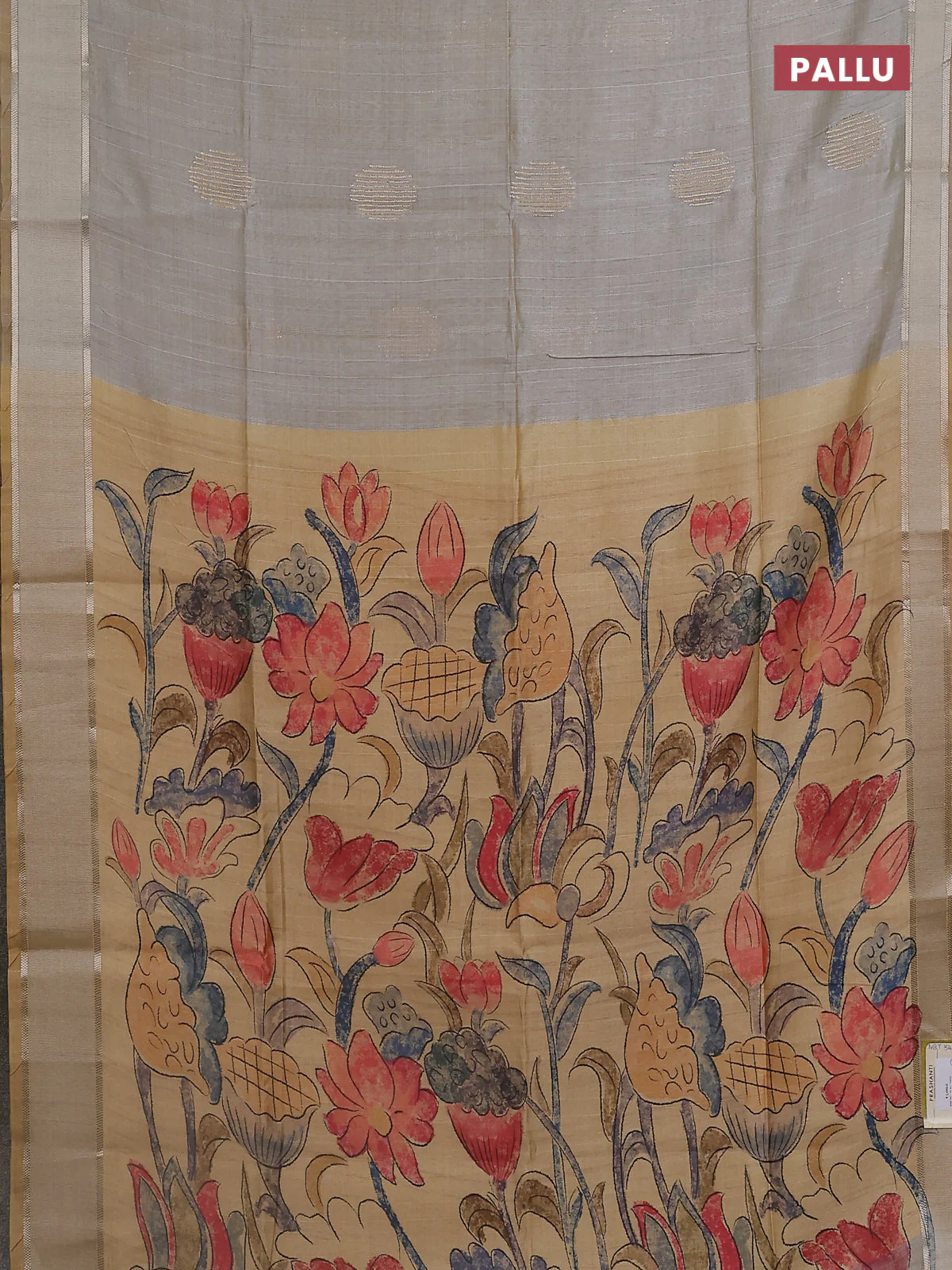 Semi dupion saree pastel grey with zari woven buttas and madhubani printed pallu & blouse - Image 3
