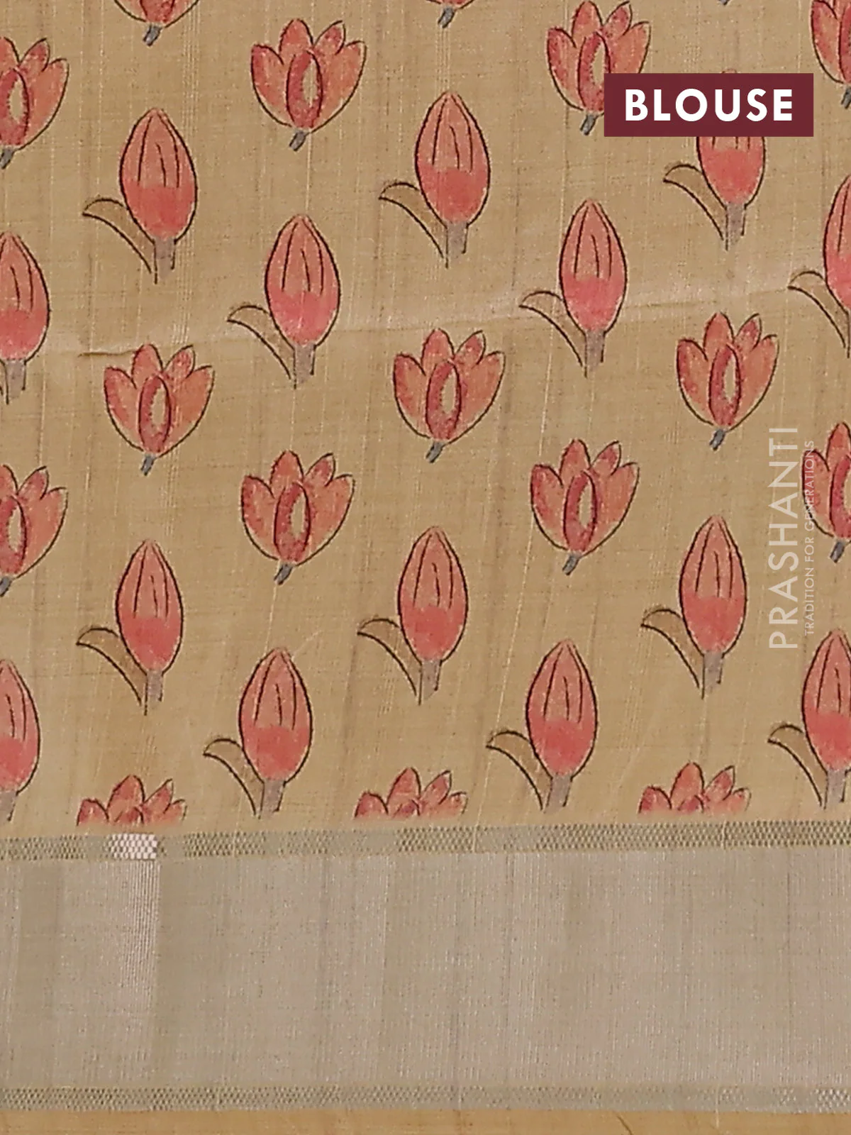 Semi dupion saree pastel grey with zari woven buttas and madhubani printed pallu & blouse - Image 4