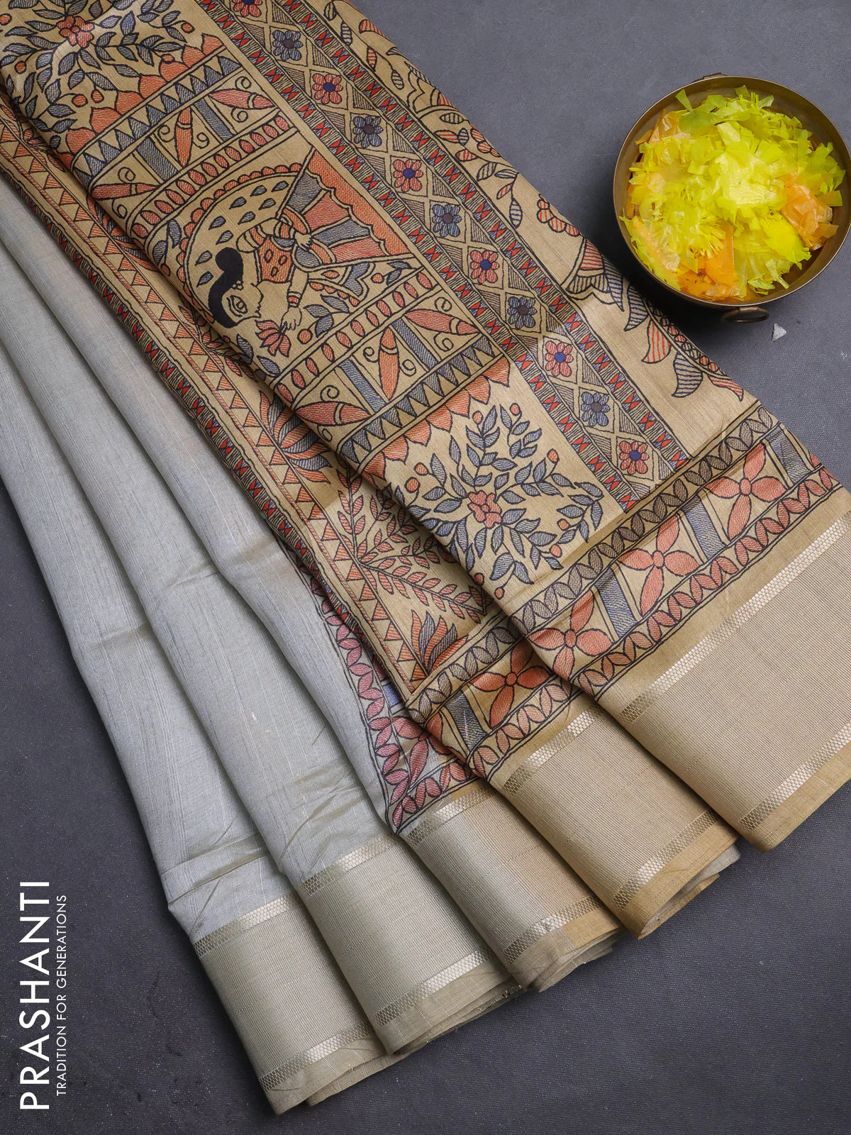 Semi dupion saree pastel grey with zari woven buttas and madhubani printed pallu & blouse