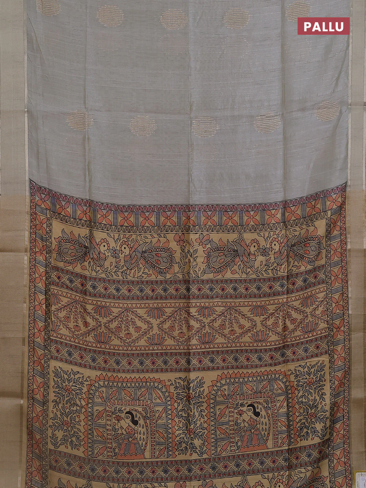 Semi dupion saree pastel grey with zari woven buttas and madhubani printed pallu & blouse - Image 3