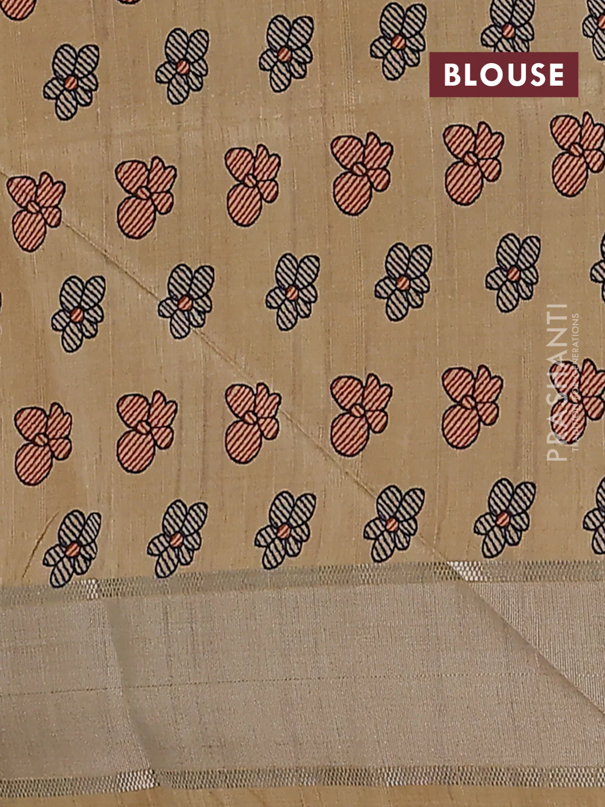 Semi dupion saree pastel grey with zari woven buttas and madhubani printed pallu & blouse - Image 4