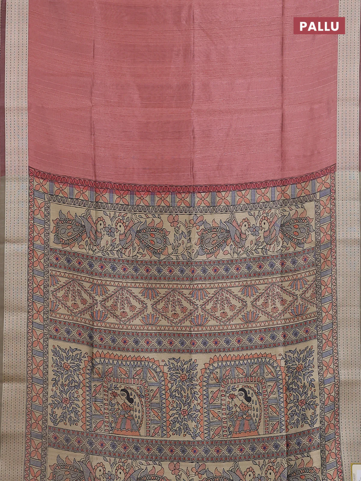 Semi dupion saree pastel maroon with plain body and madhubani printed pallu & kantha stitch work - Image 3