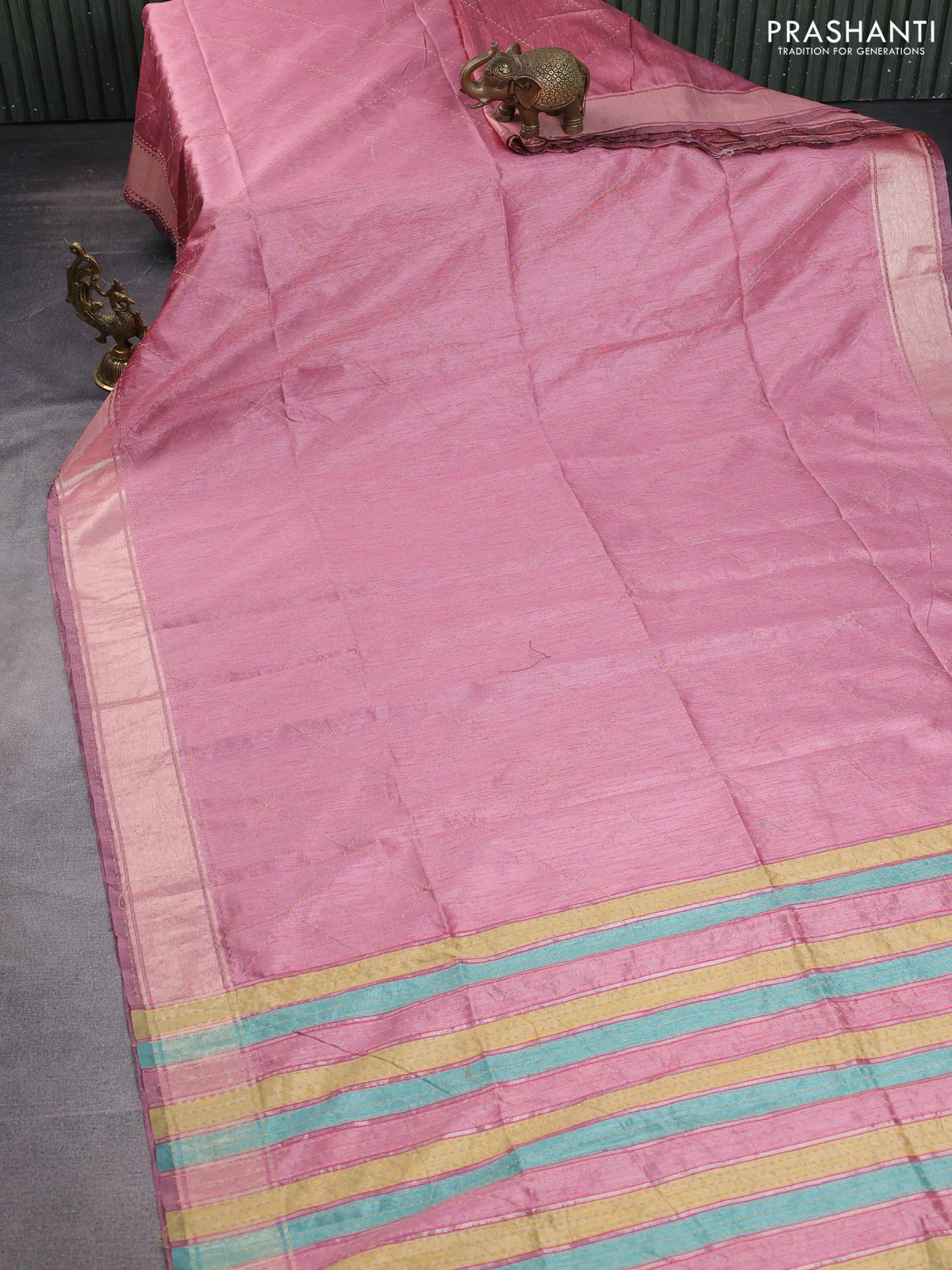 Semi dupion saree pastel pink and multi colour with allover kantha stitch work and zari woven border - Image 2