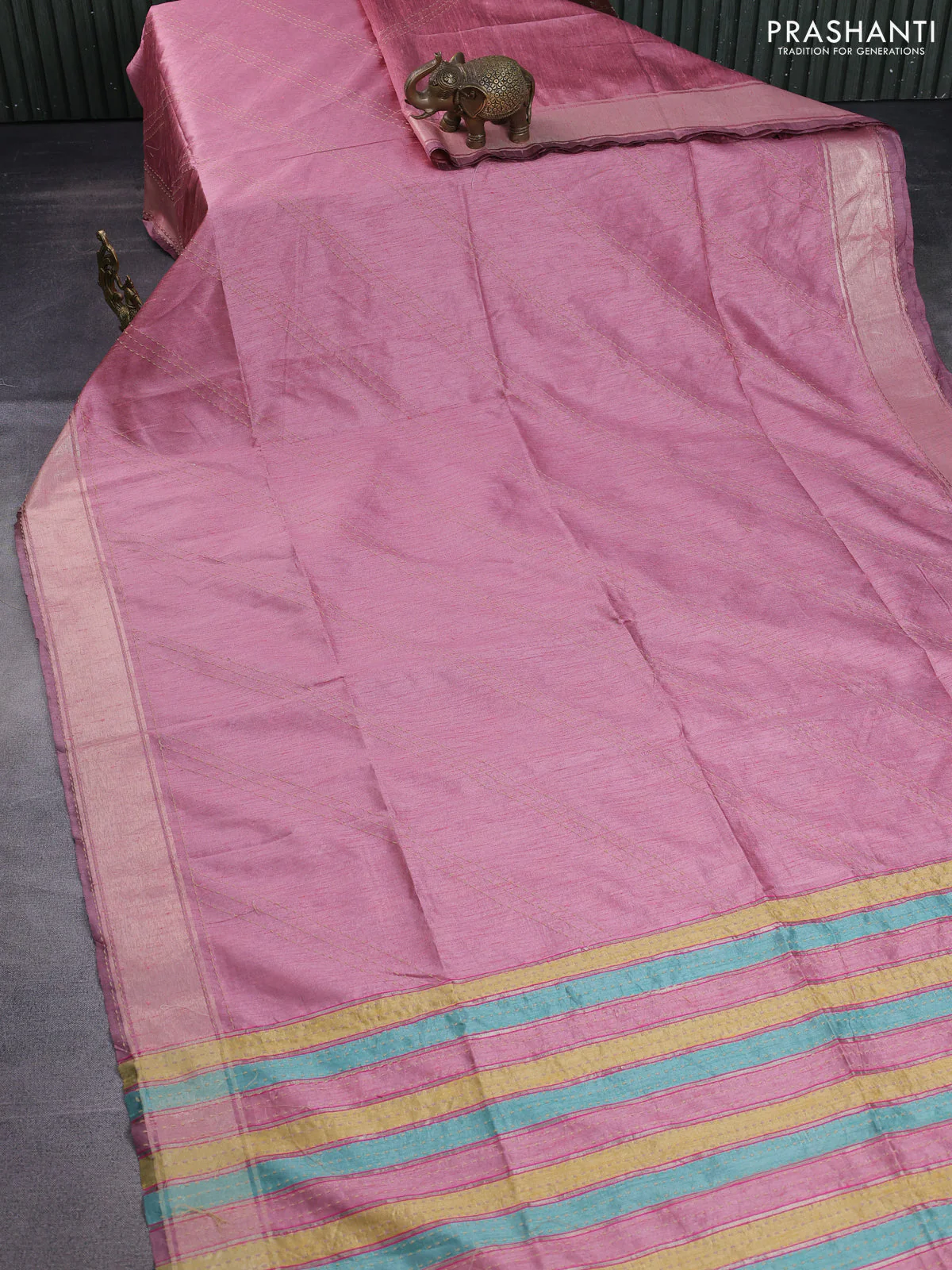 Semi dupion saree pastel pink and multi colour with allover kantha stitch work and zari woven border - Image 2