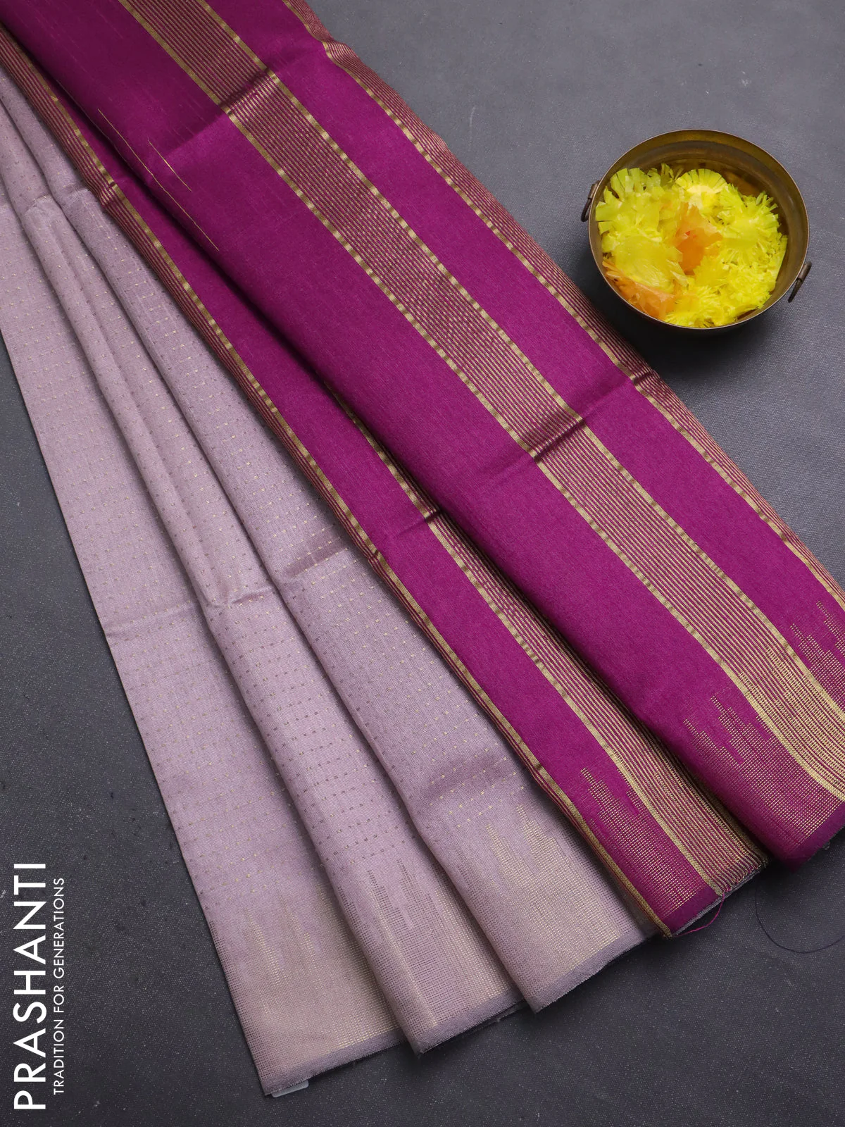 Semi dupion saree pastel pink and purple with allover zari weaves and temple zari woven border