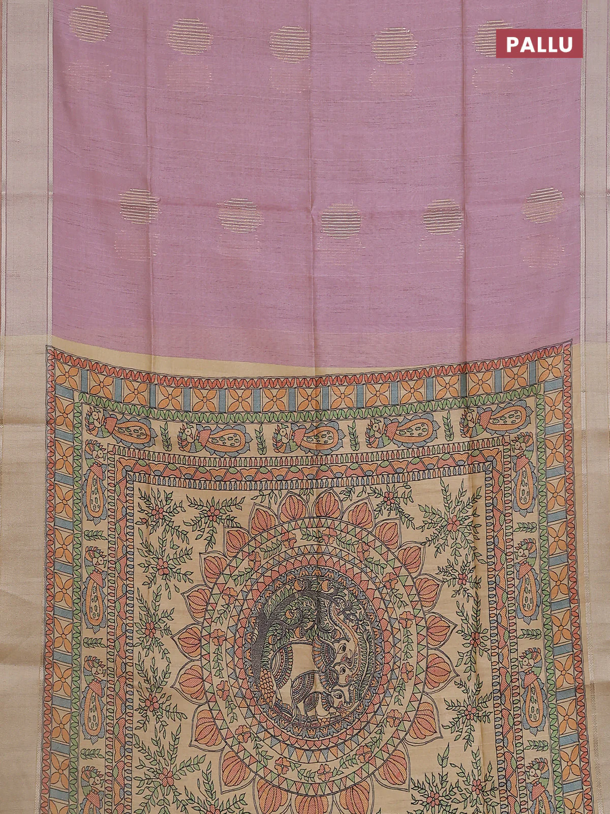Semi dupion saree pastel pink with zari woven buttas and madhubani printed pallu & blouse - Image 3
