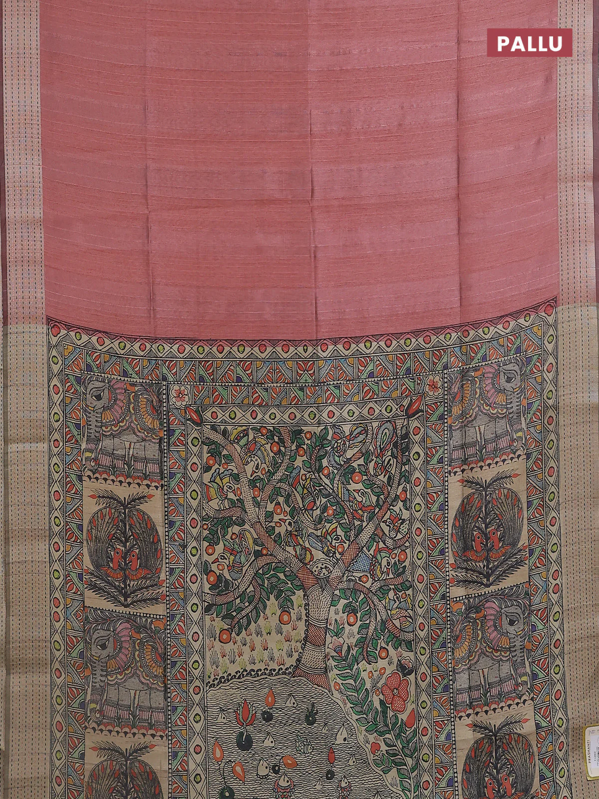 Semi dupion saree peach pink with plain body and madhubani printed pallu & kantha stitch work - Image 3
