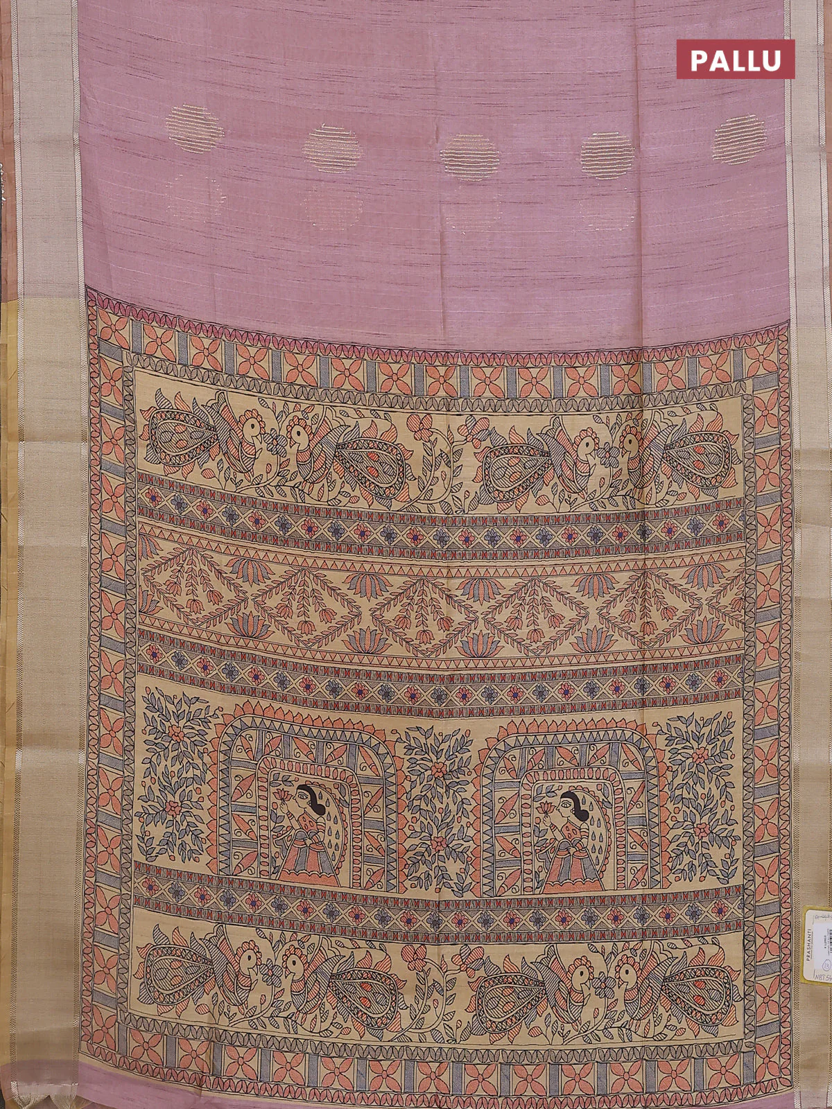 Semi dupion saree peach pink with zari woven buttas and madhubani printed pallu & blouse - Image 3