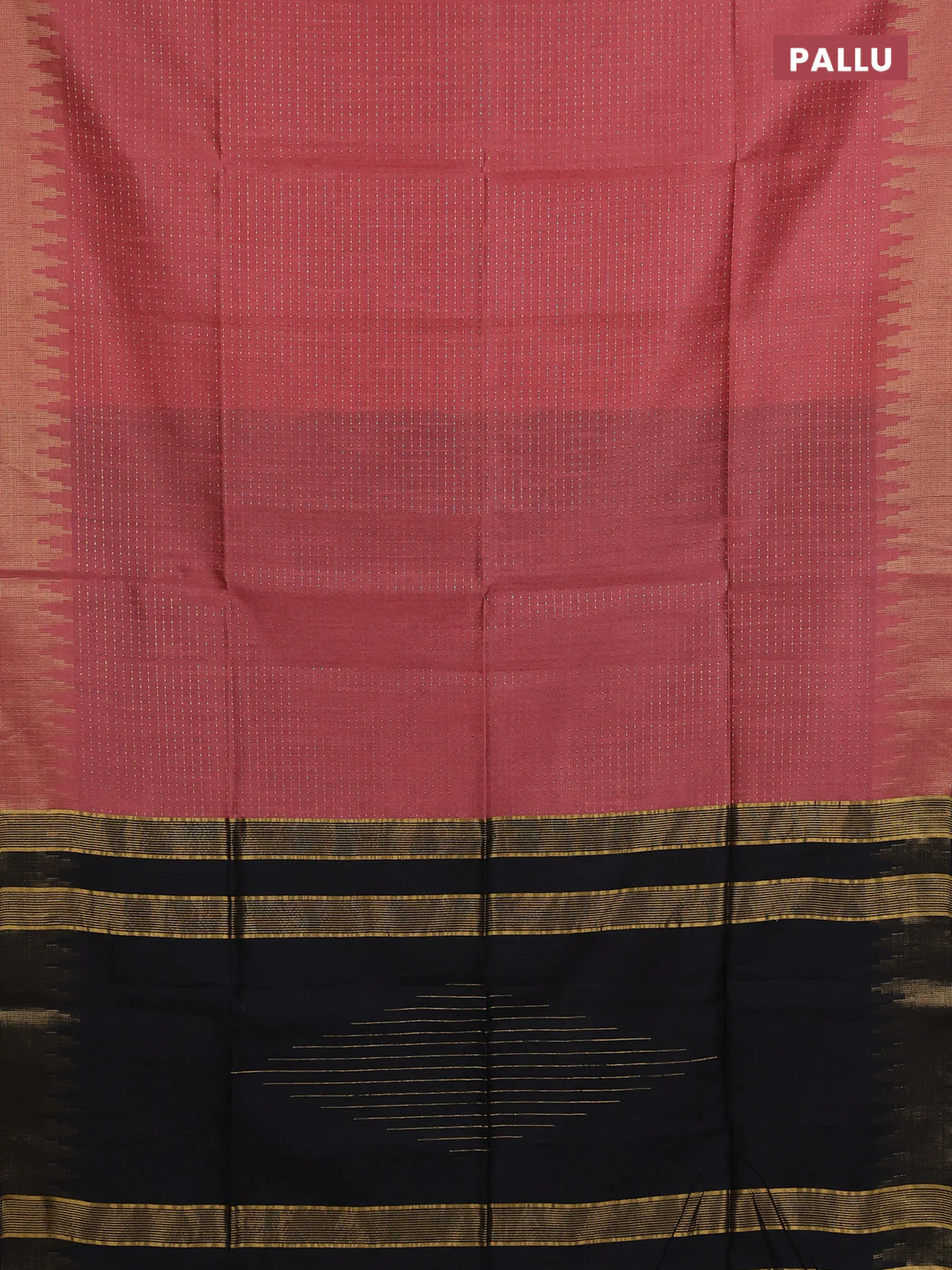 Semi dupion saree peach shade and black with allover zari weaves and temple zari woven border - Image 3