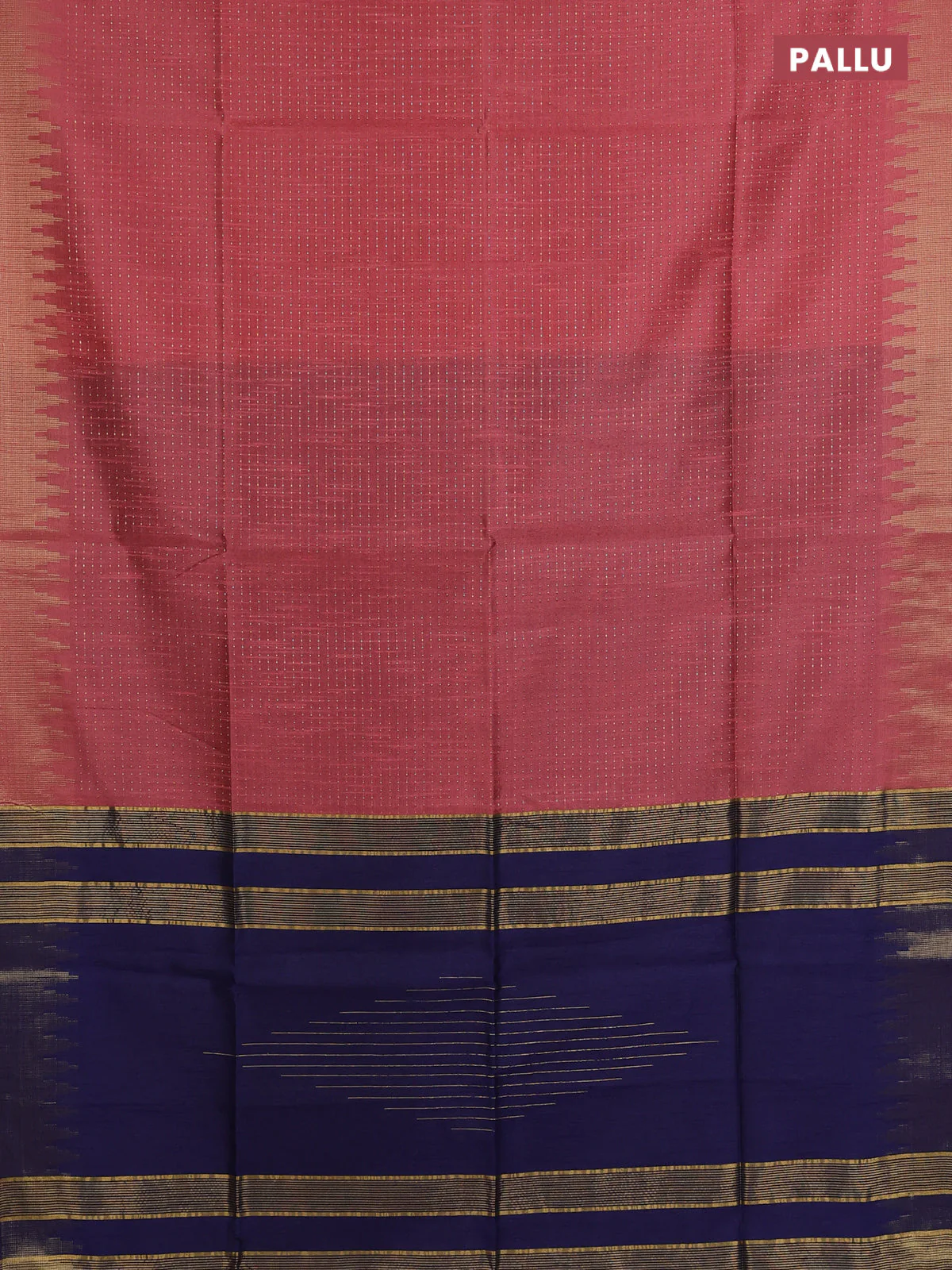 Semi dupion saree peach shade and navy blue with allover zari weaves and temple zari woven border - Image 3