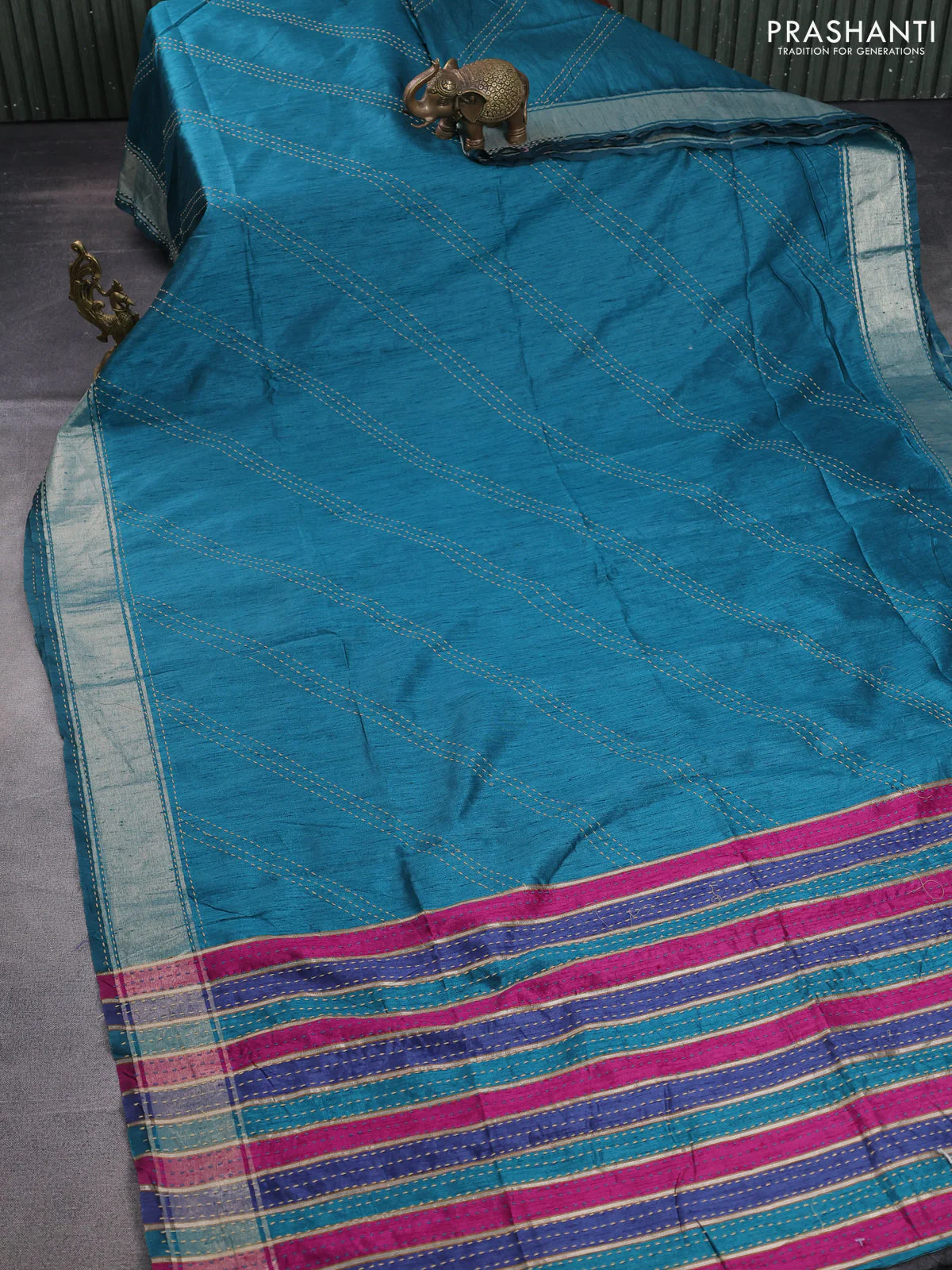 Semi dupion saree peacock blue and multi colour with allover kantha stitch work and zari woven border - Image 2