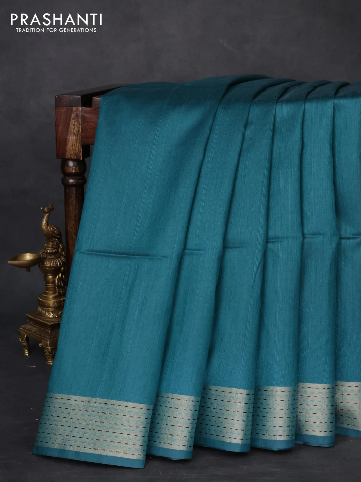 Semi dupion saree peacock green and beige with plain body and madhubani printed pallu - Image 2