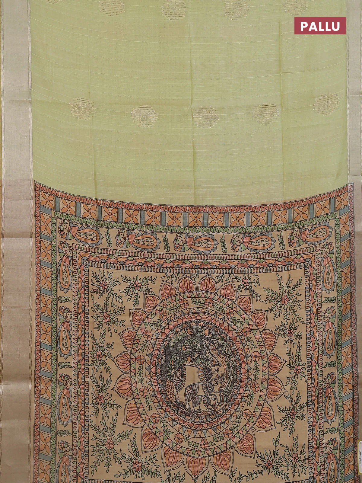Semi dupion saree pista green with zari woven buttas and madhubani printed pallu & blouse - Image 3