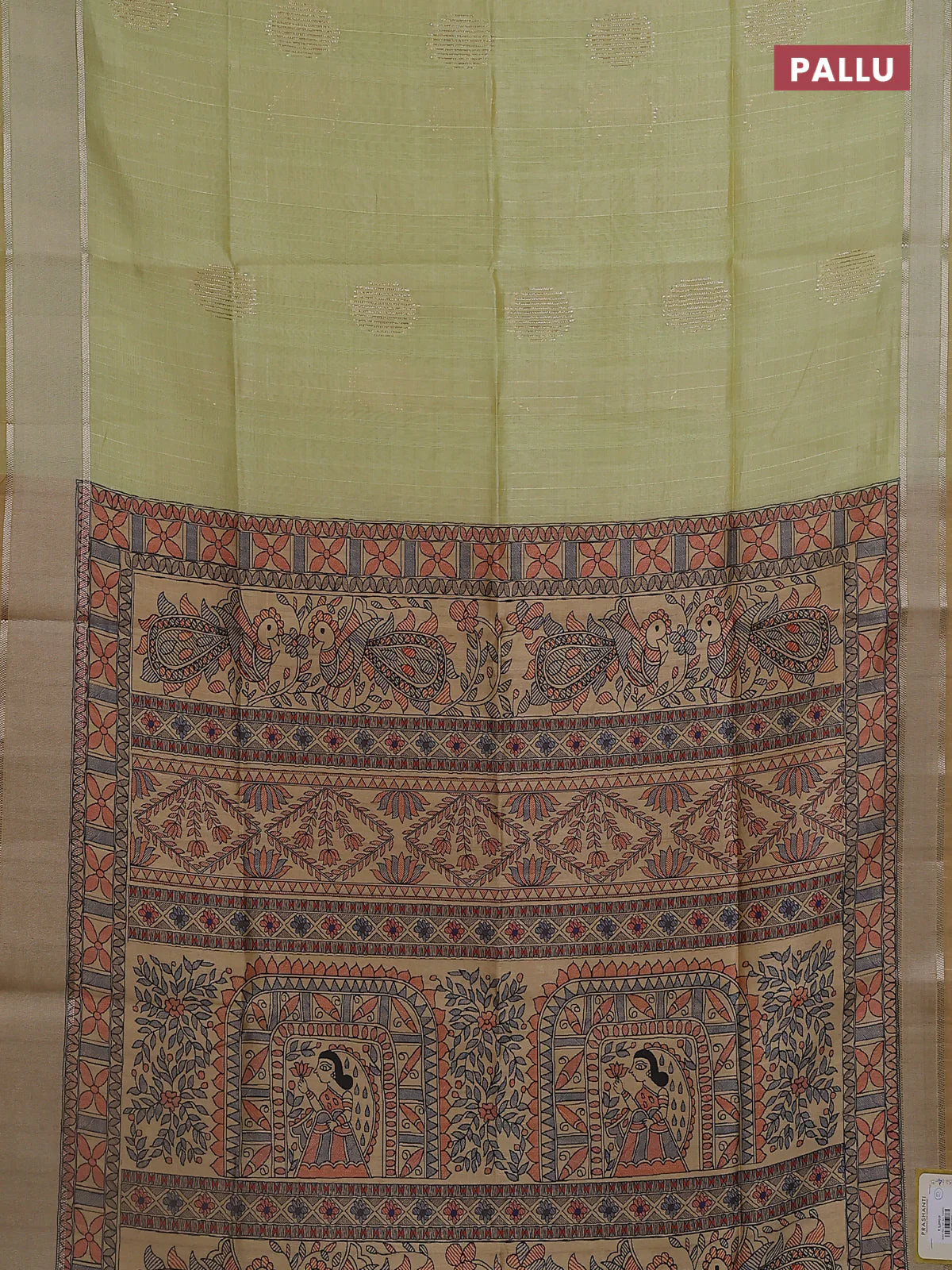 Semi dupion saree pista green with zari woven buttas and madhubani printed pallu & blouse - Image 3
