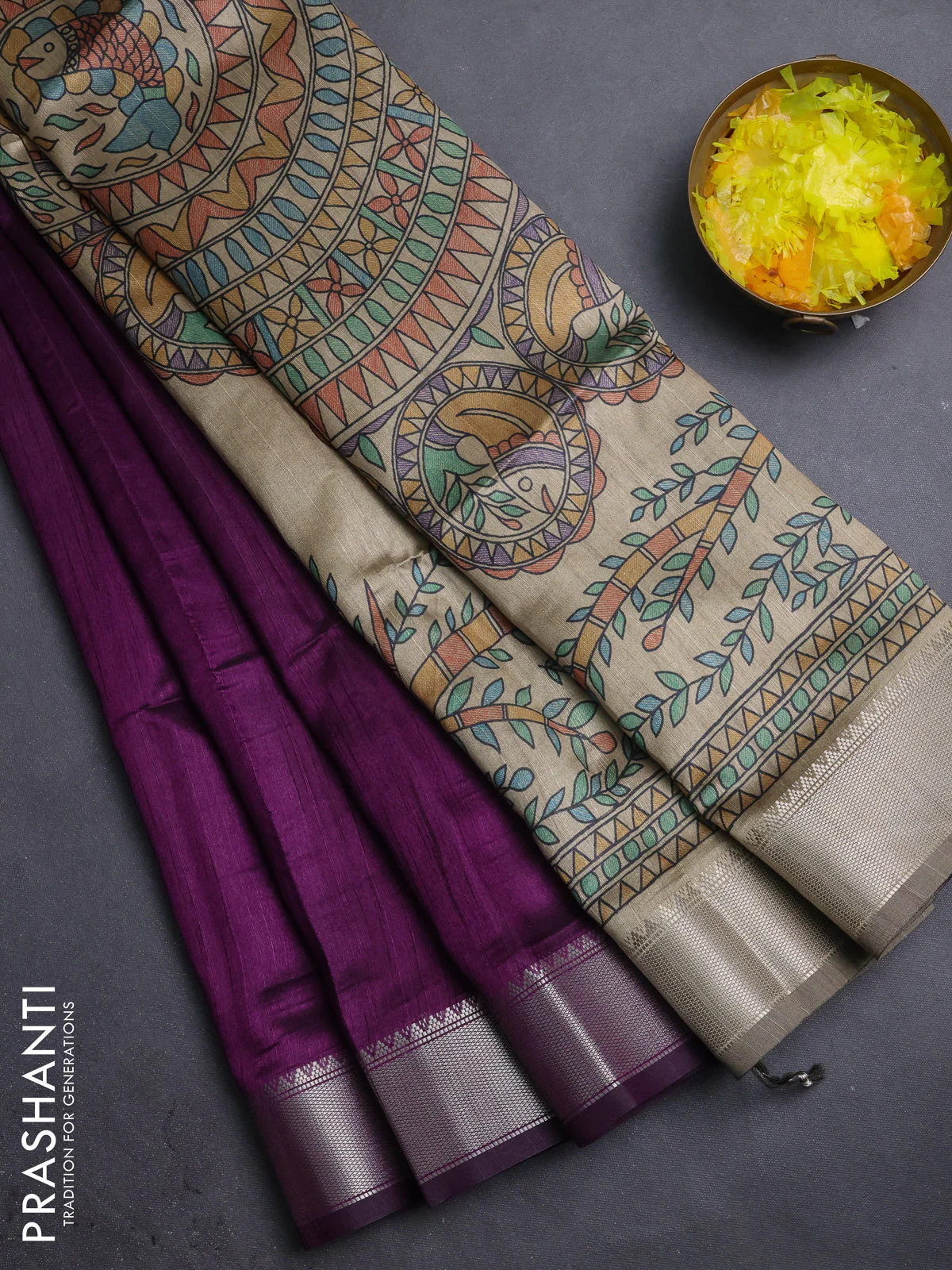 Semi dupion saree purple and beige with plain body and madhubani printed pallu & blouse