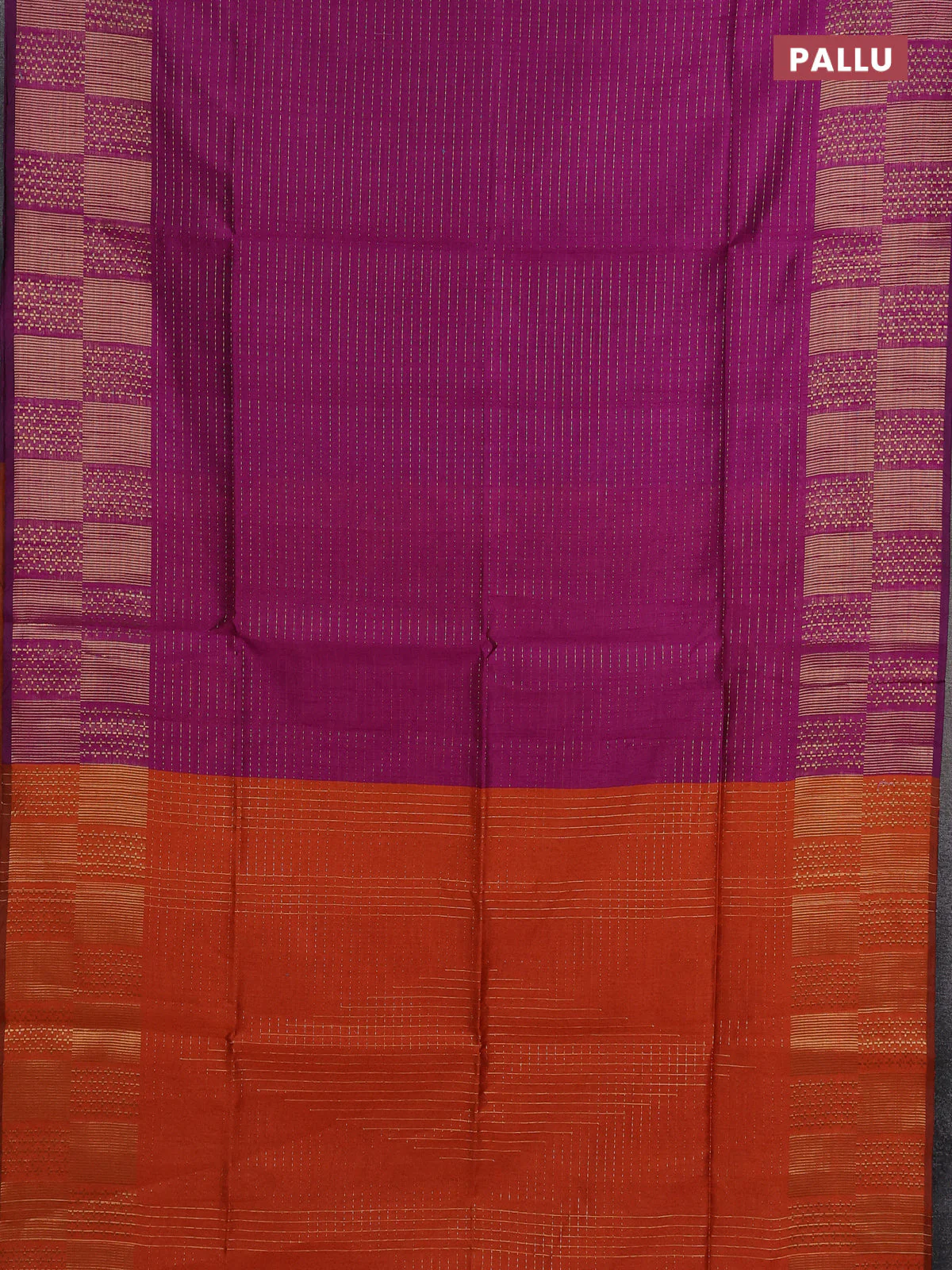 Semi dupion saree purple and orange with allover zari stripes pattern and zari woven border - Image 3