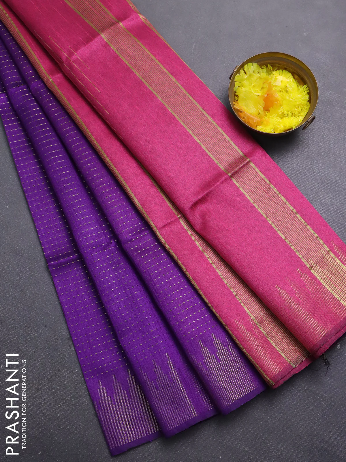 Semi dupion saree purple and pink with allover zari weaves and temple zari woven border