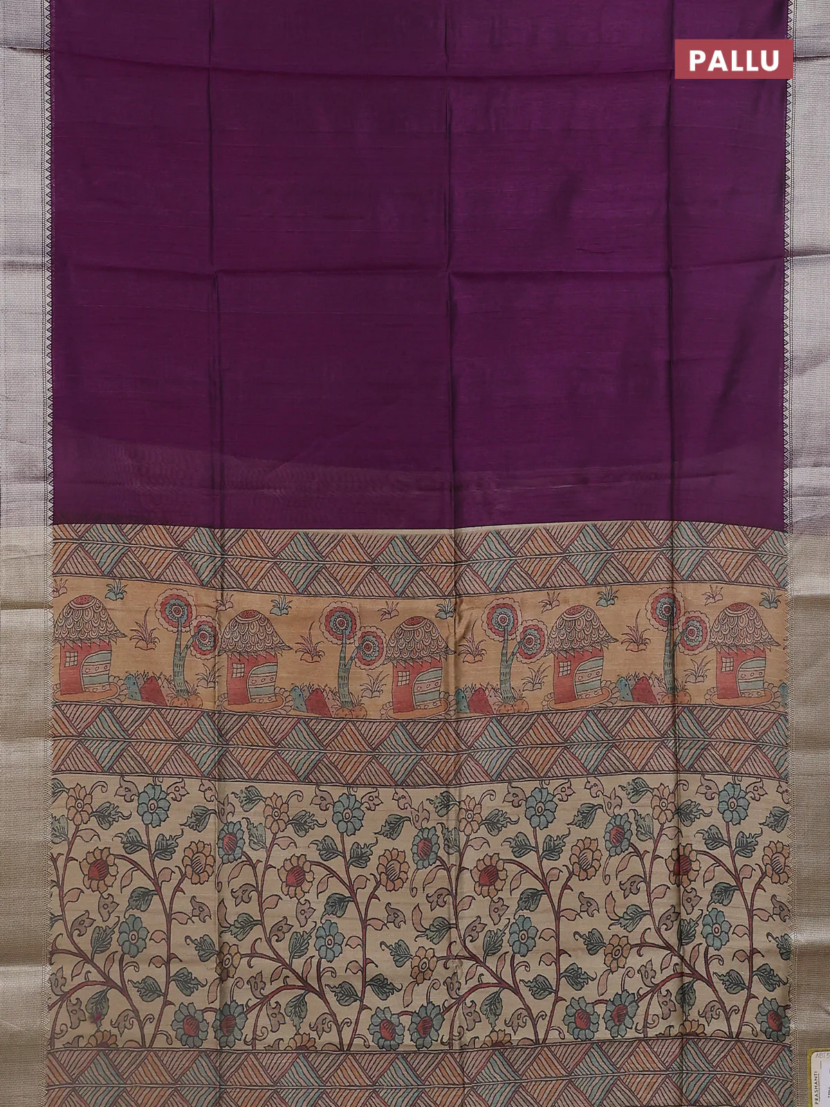Semi dupion saree purple with plain body and madhubani printed pallu & blouse - Image 3
