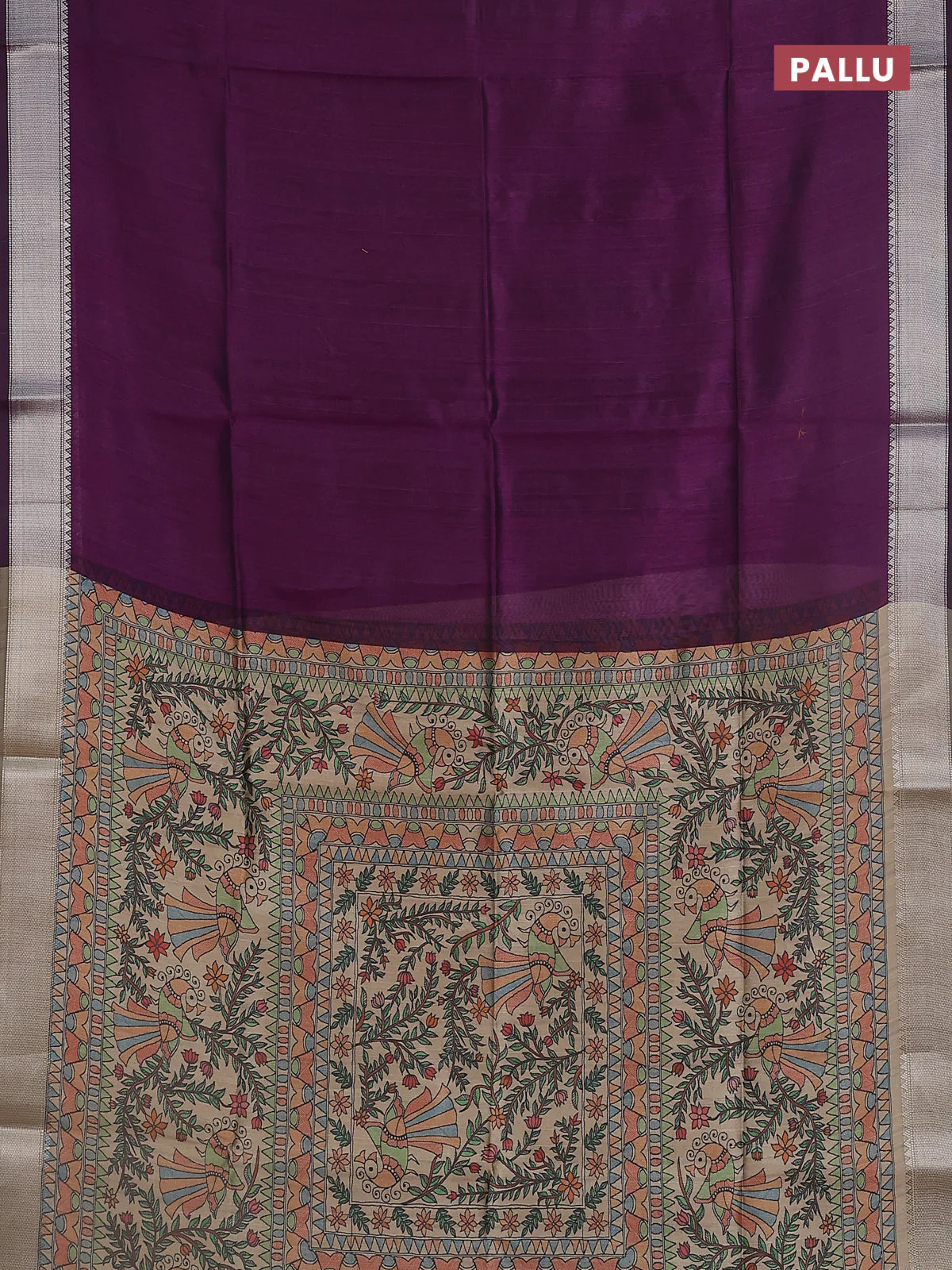 Semi dupion saree purple with plain body and madhubani printed pallu & blouse - Image 3