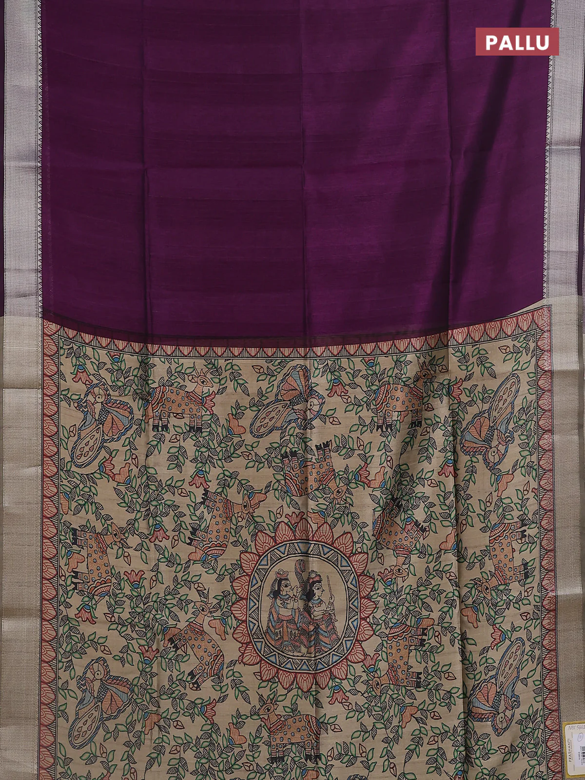 Semi dupion saree purple with plain body and madhubani printed pallu & blouse - Image 3