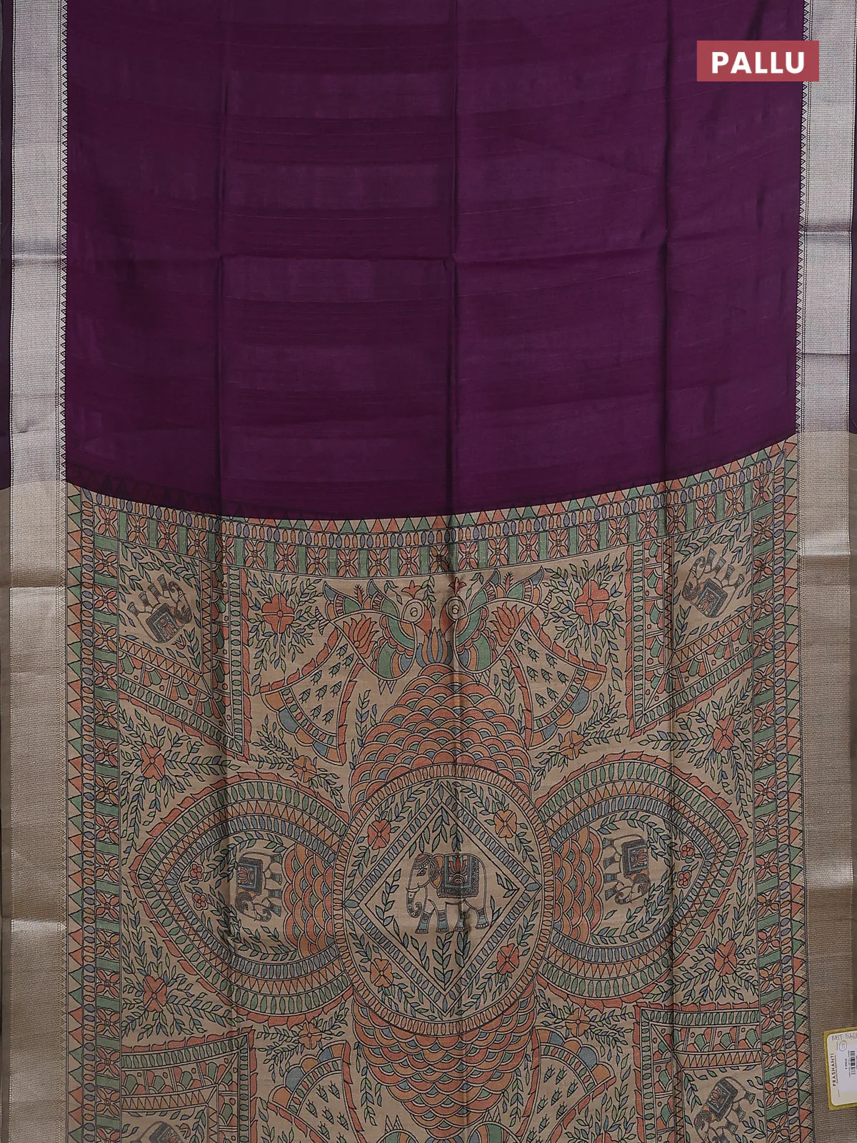 Semi dupion saree purple with plain body and madhubani printed pallu & blouse - Image 3