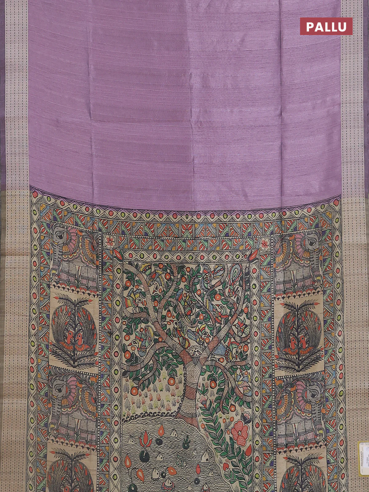 Semi dupion saree purple with plain body and madhubani printed pallu & kantha stitch work - Image 3