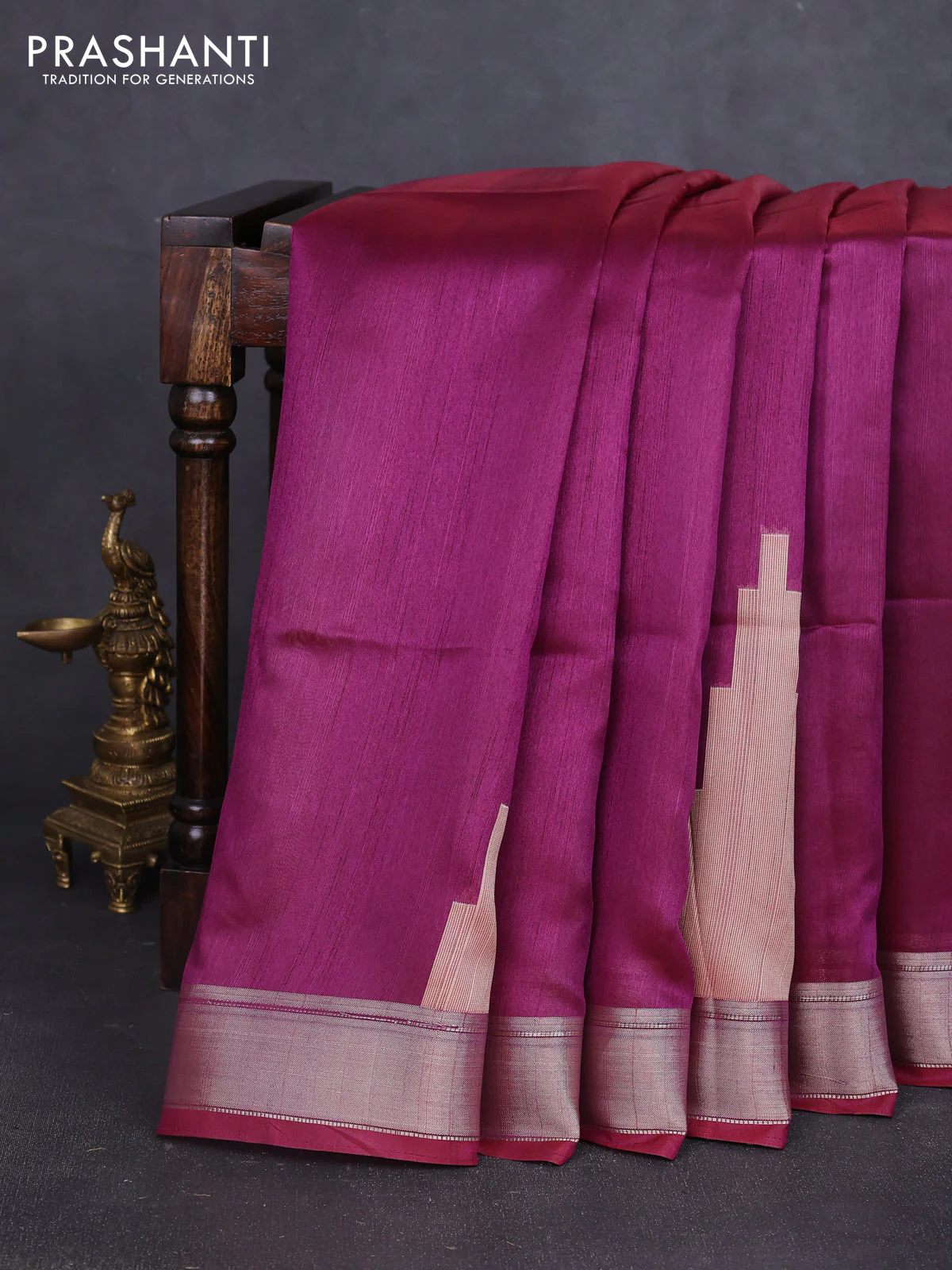Semi dupion saree purple with plain body and mural printed pallu - Image 2