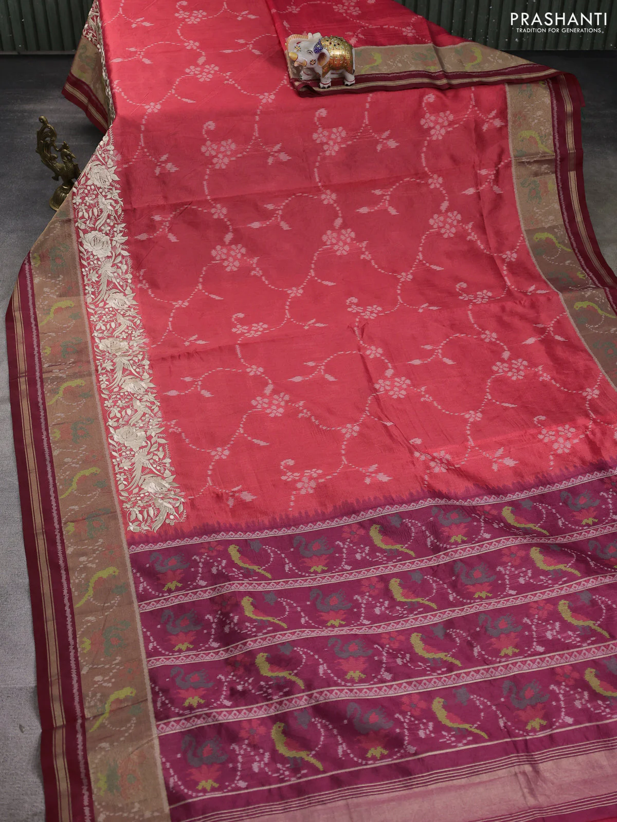 Semi dupion saree red shade and maroon with allover thread weaves and parsi embroidery work zari woven border - Image 2