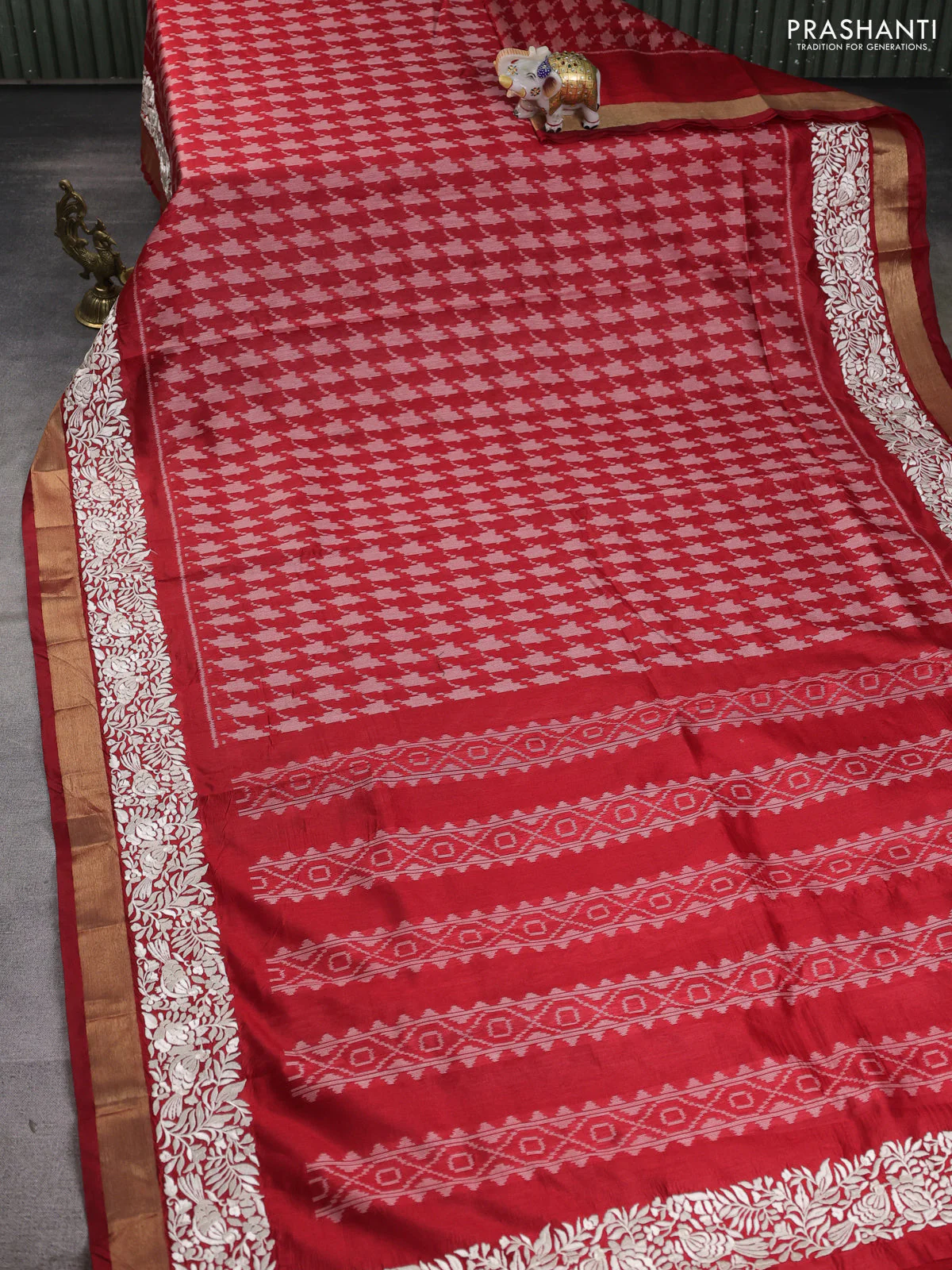 Semi dupion saree red with allover thread weaves and parsi embroidery work zari woven border - Image 2