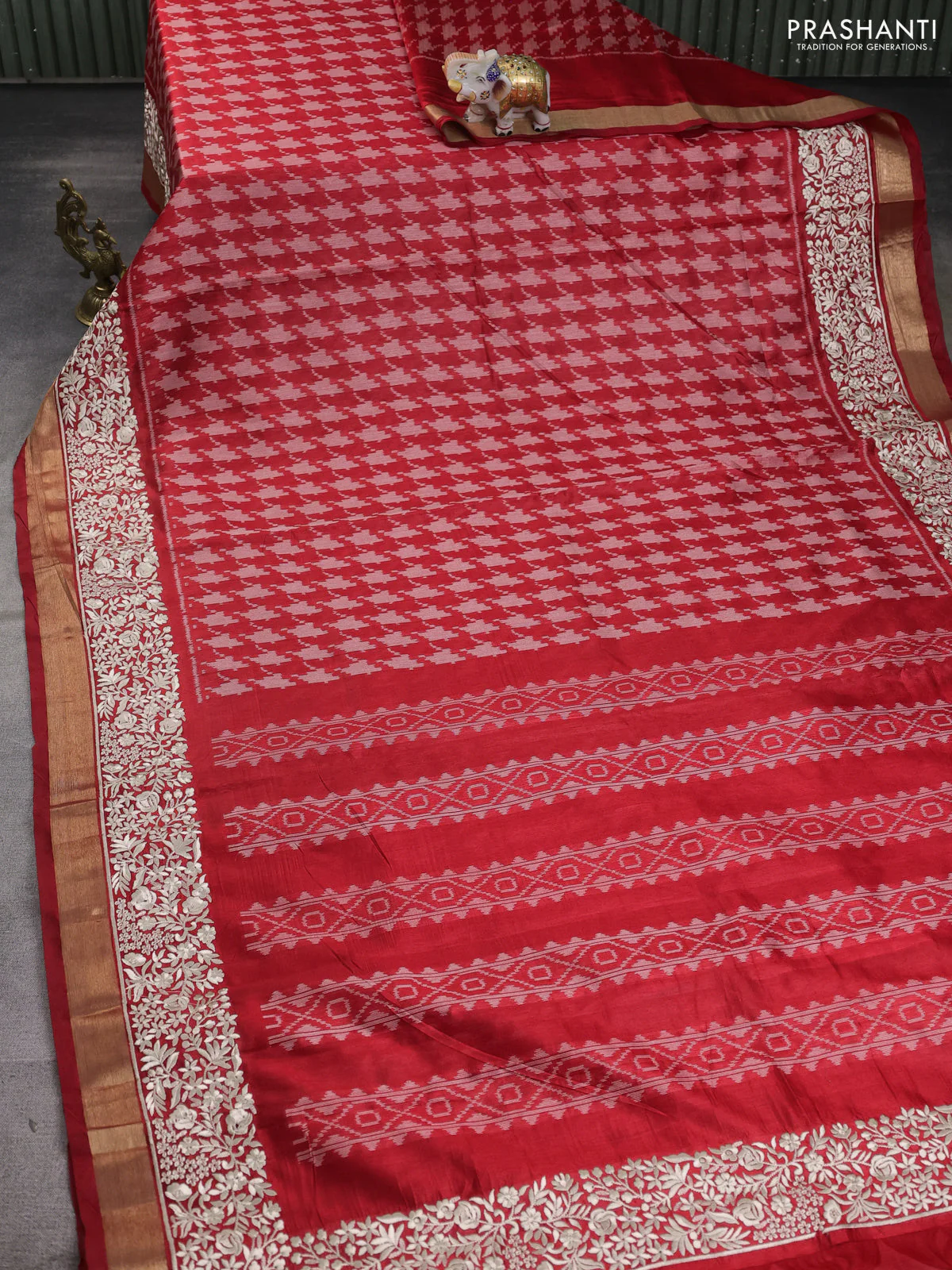 Semi dupion saree red with allover thread weaves and parsi embroidery work zari woven border - Image 2