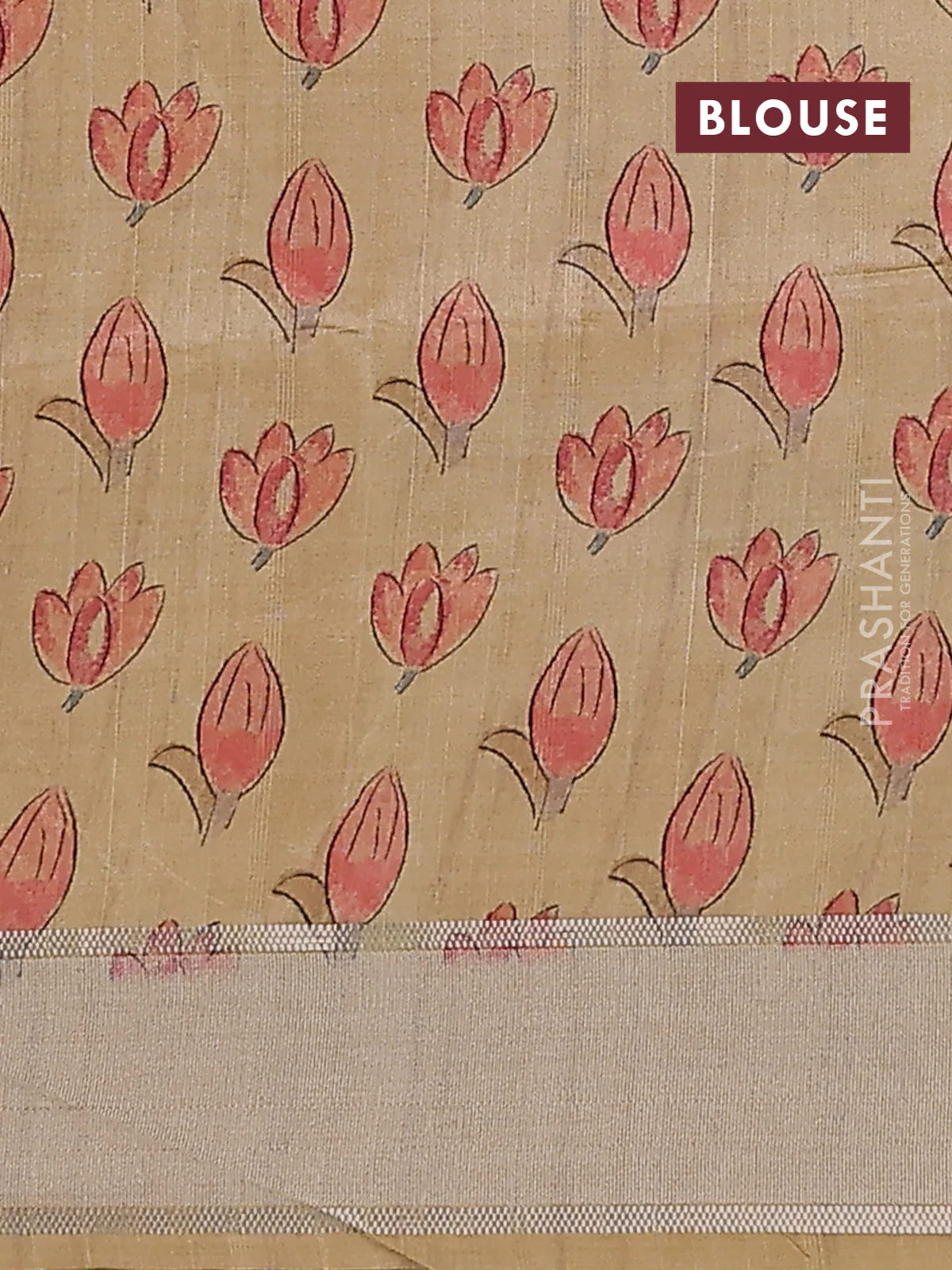 Semi dupion saree sandal with zari woven buttas and madhubani printed pallu & blouse - Image 4