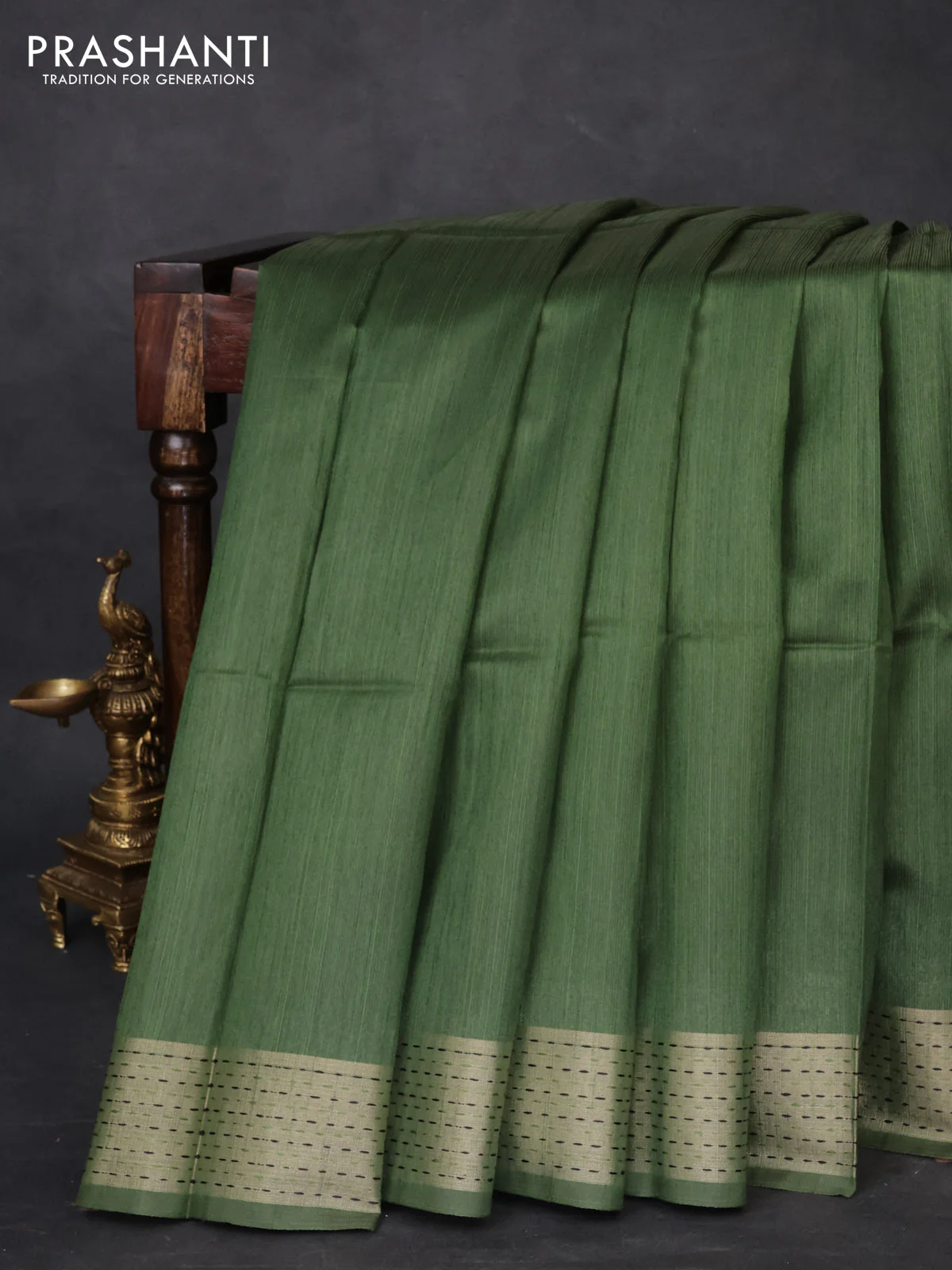 Semi dupion saree sap green and beige with plain body and madhubani printed pallu - Image 2