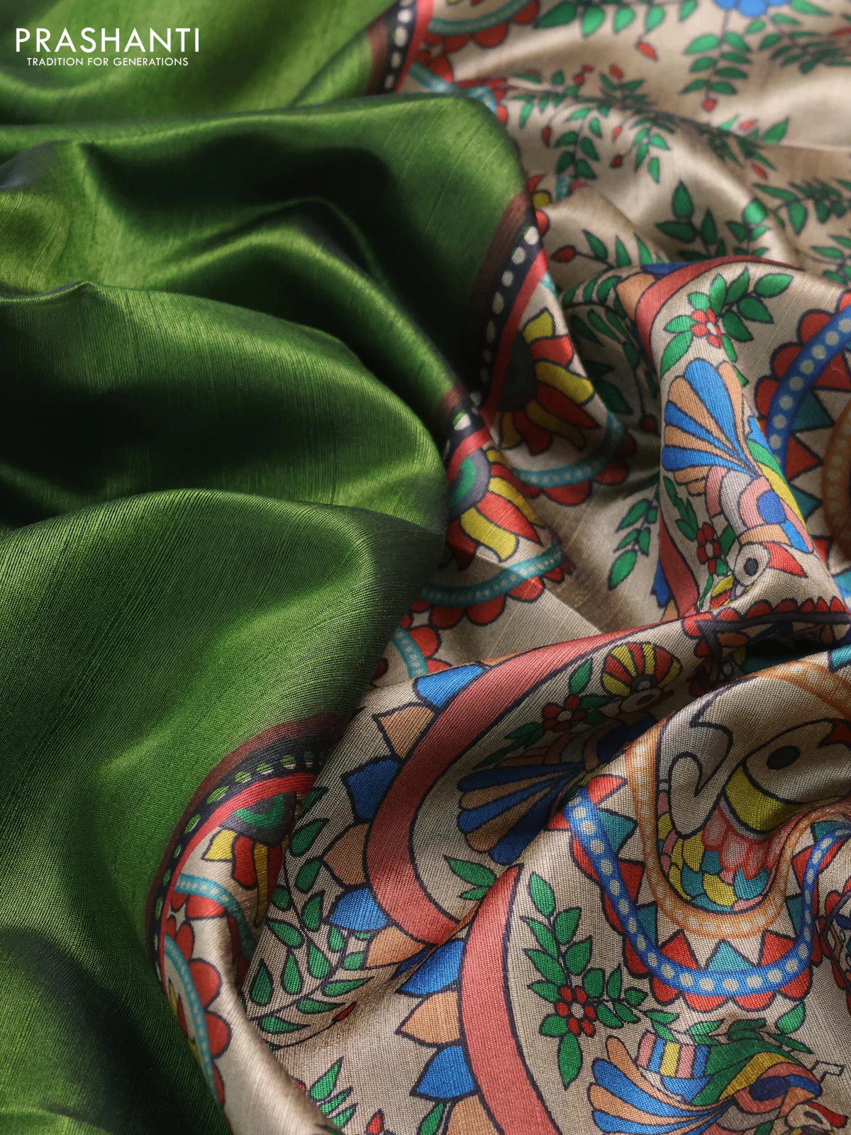 Semi dupion saree sap green and beige with plain body and printed pallu - Image 3