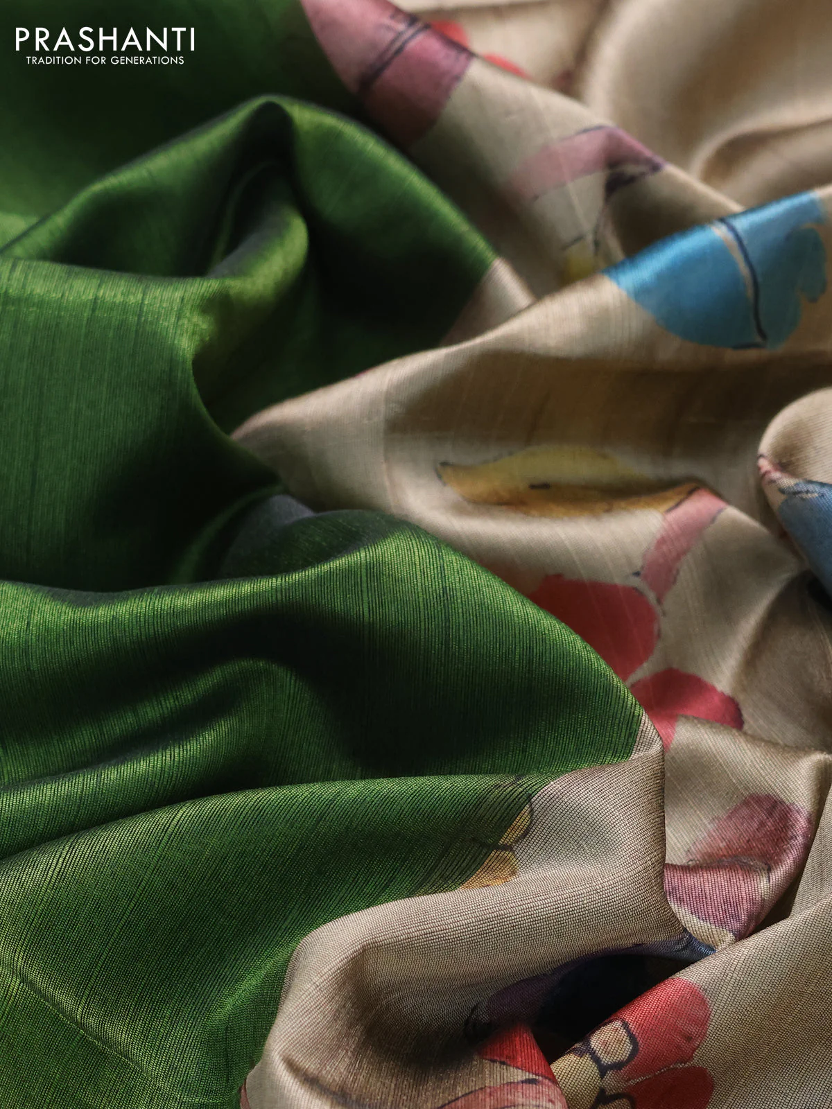 Semi dupion saree sap green and beige with plain body and printed pallu - Image 3