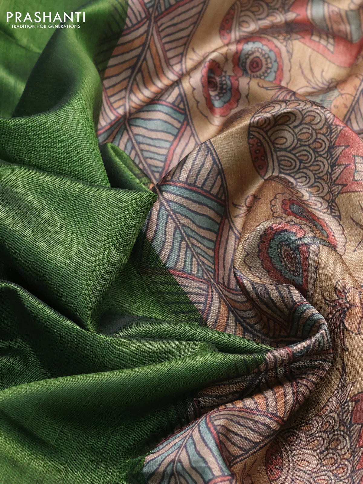 Semi dupion saree sap green and beige with plain body and printed pallu - Image 3