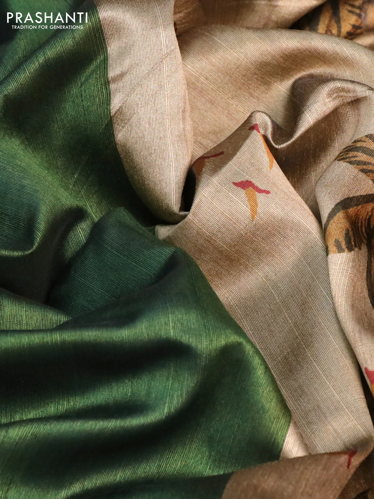 Semi dupion saree sap green and beige with plain body and printed pallu - Image 3