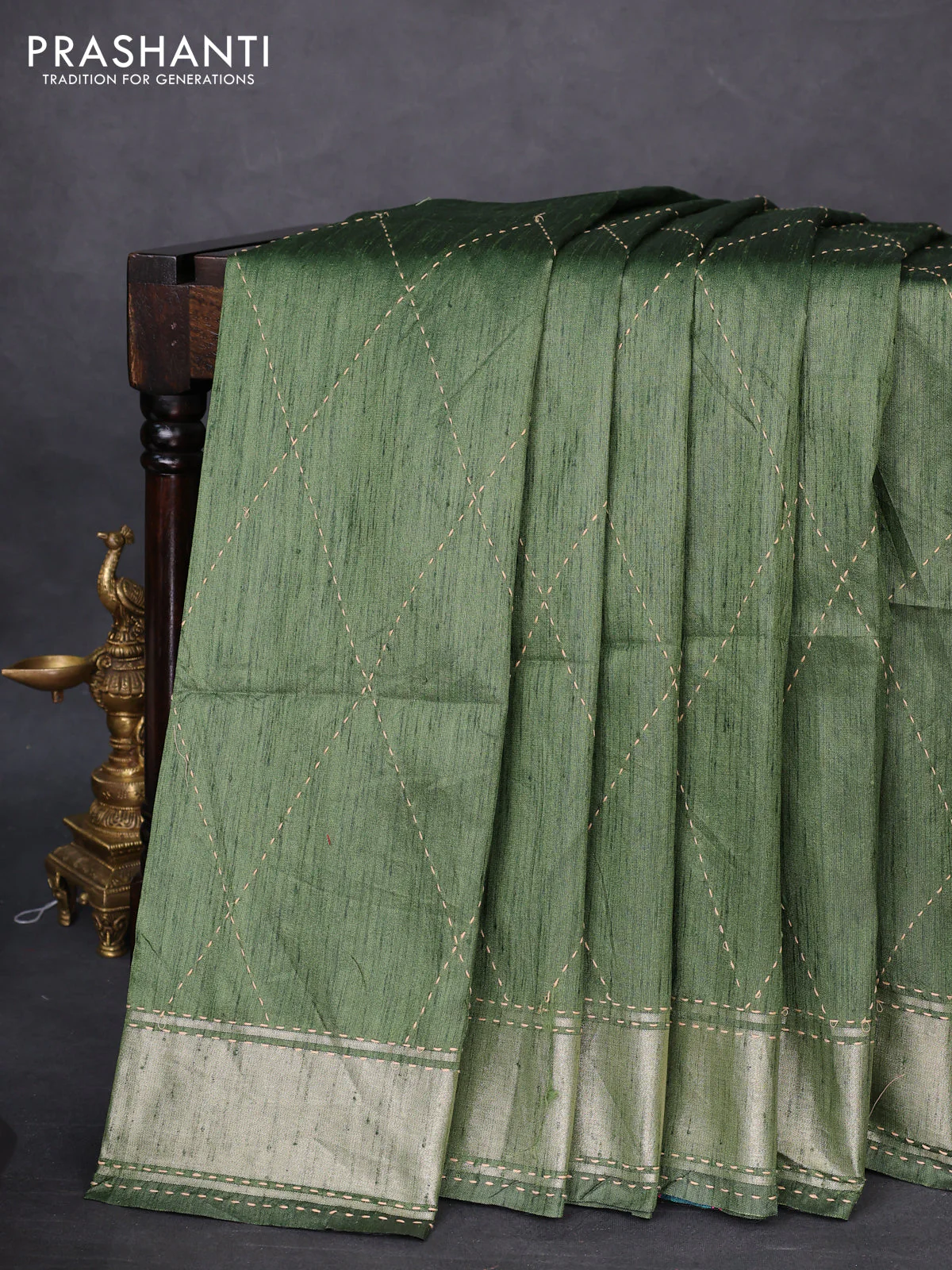 Semi dupion saree sap green and multi colour with allover kantha stitch work and zari woven border
