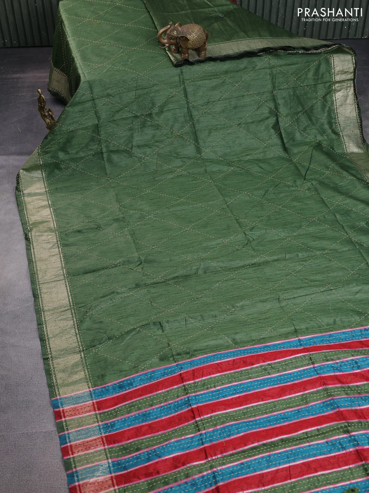 Semi dupion saree sap green and multi colour with allover kantha stitch work and zari woven border - Image 2