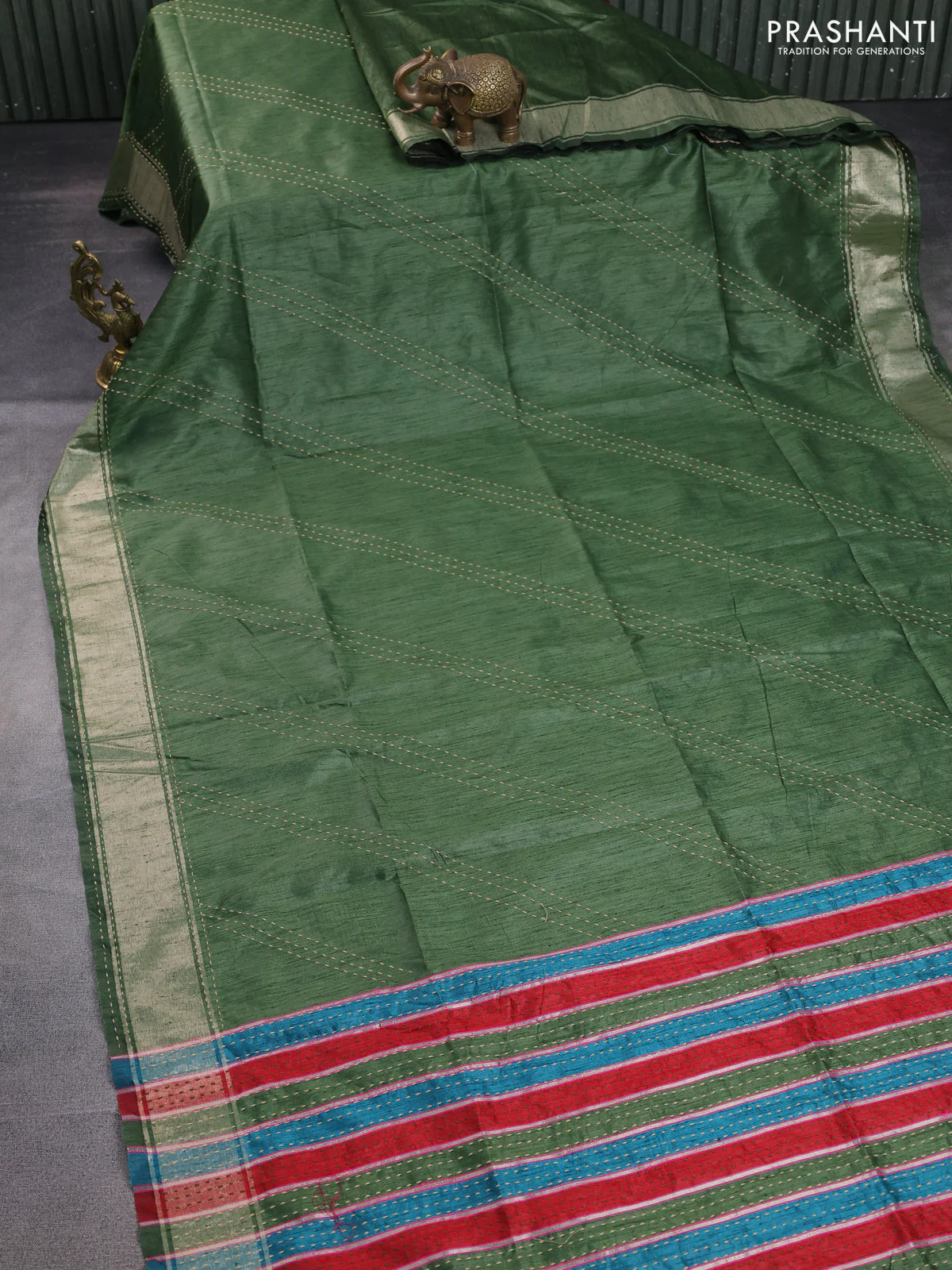 Semi dupion saree sap green and multi colour with allover kantha stitch work and zari woven border - Image 2