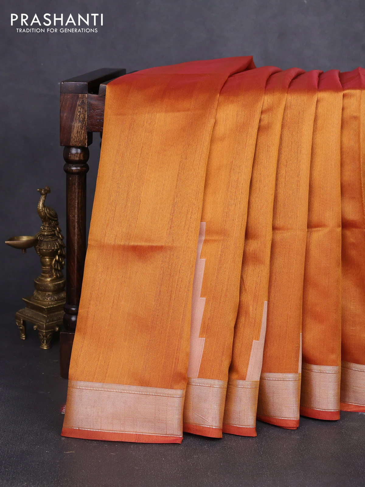 Semi dupion saree sunset orange with plain body and mural printed pallu - Image 2