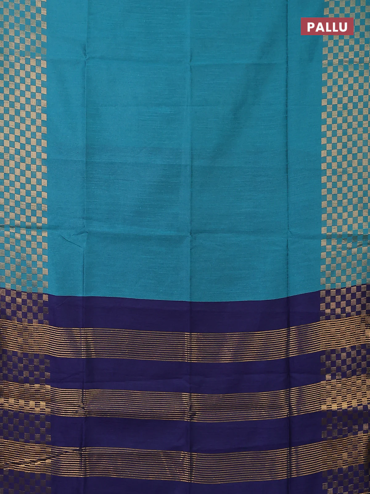 Semi dupion saree teal blue and blue with plain body and zari woven checked border - Image 3
