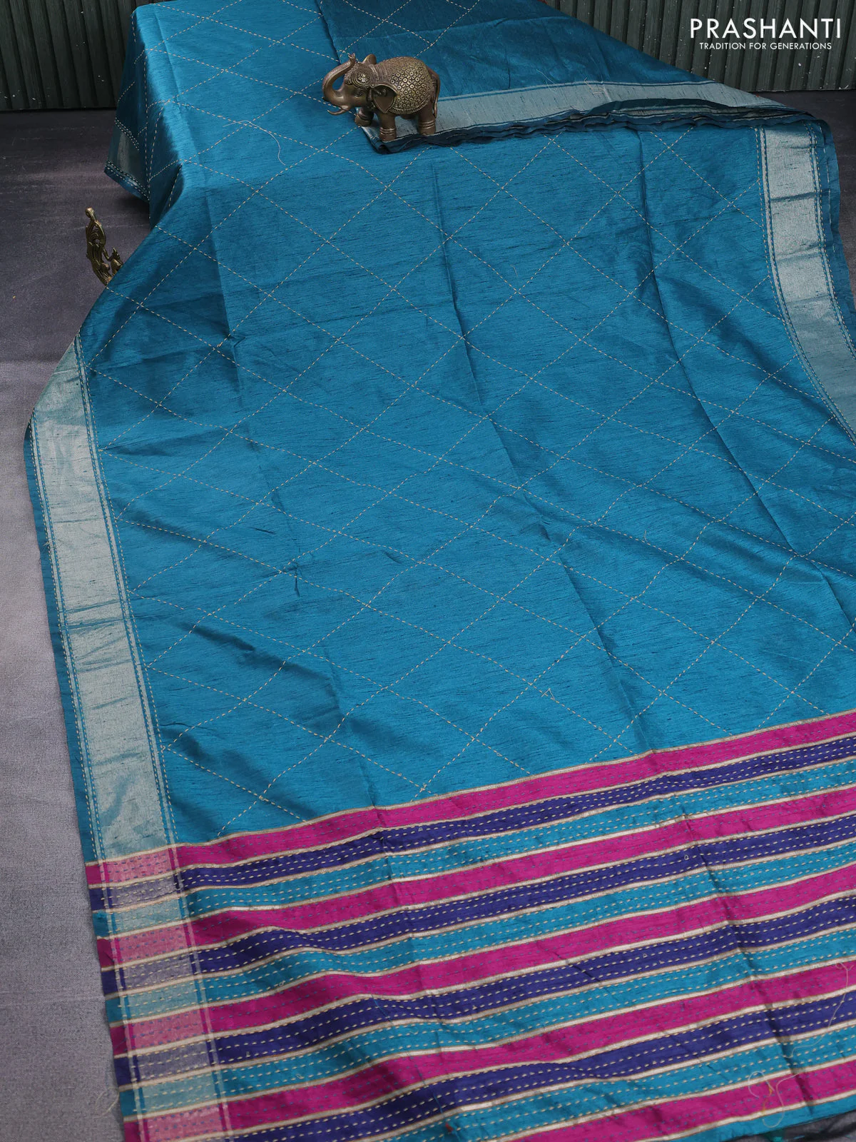 Semi dupion saree teal blue and multi colour with allover kantha stitch work and zari woven border - Image 2