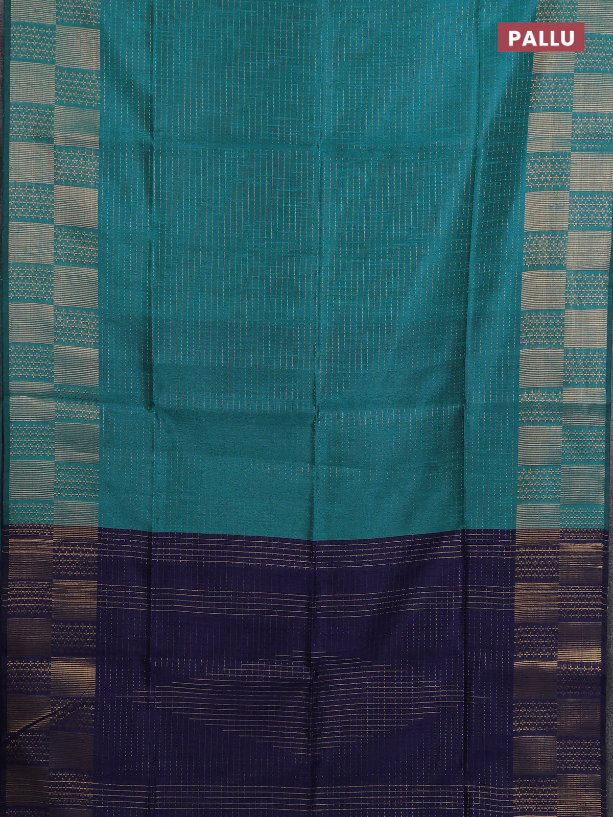 Semi dupion saree teal blue shade and navy blue with allover zari stripes pattern and zari woven border - Image 3
