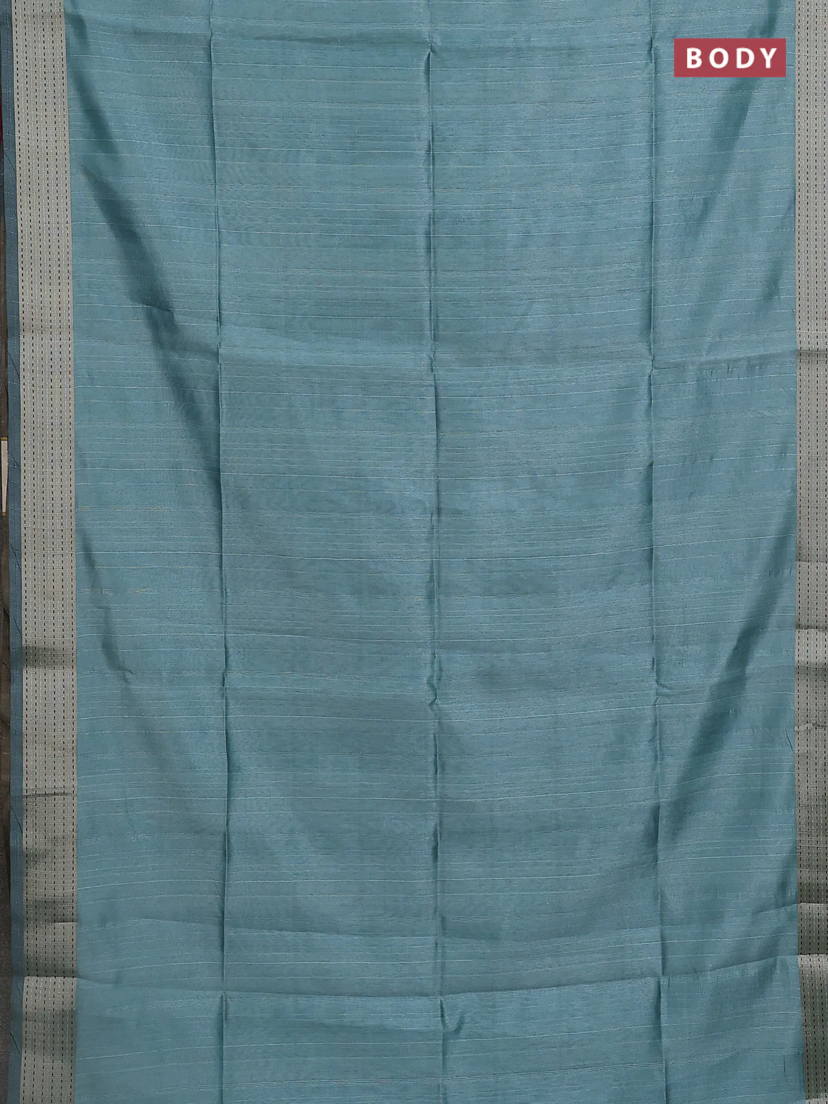 Semi dupion saree teal blue with plain body and madhubani printed pallu & kantha stitch work - Image 2