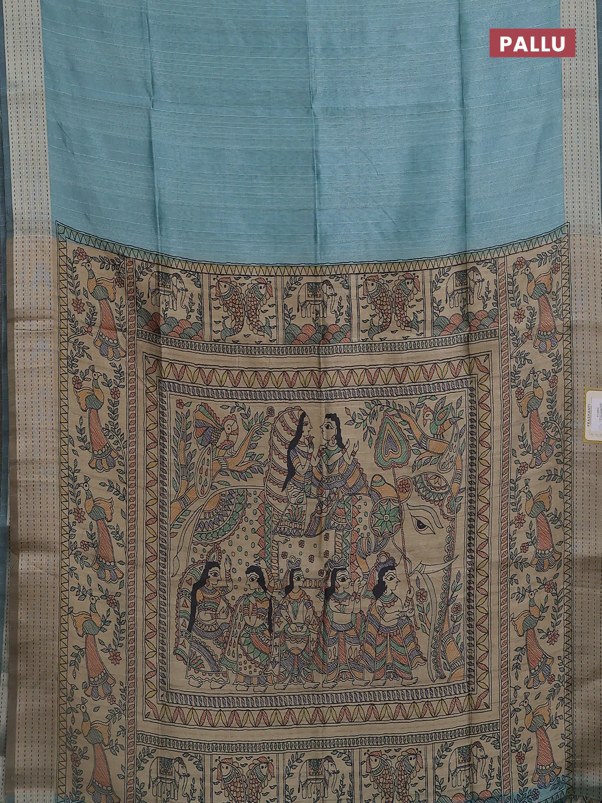 Semi dupion saree teal blue with plain body and madhubani printed pallu & kantha stitch work - Image 3