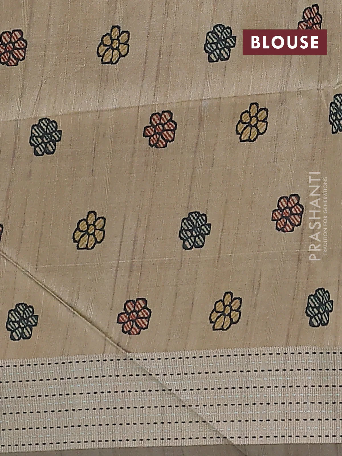 Semi dupion saree teal blue with plain body and madhubani printed pallu & kantha stitch work - Image 4